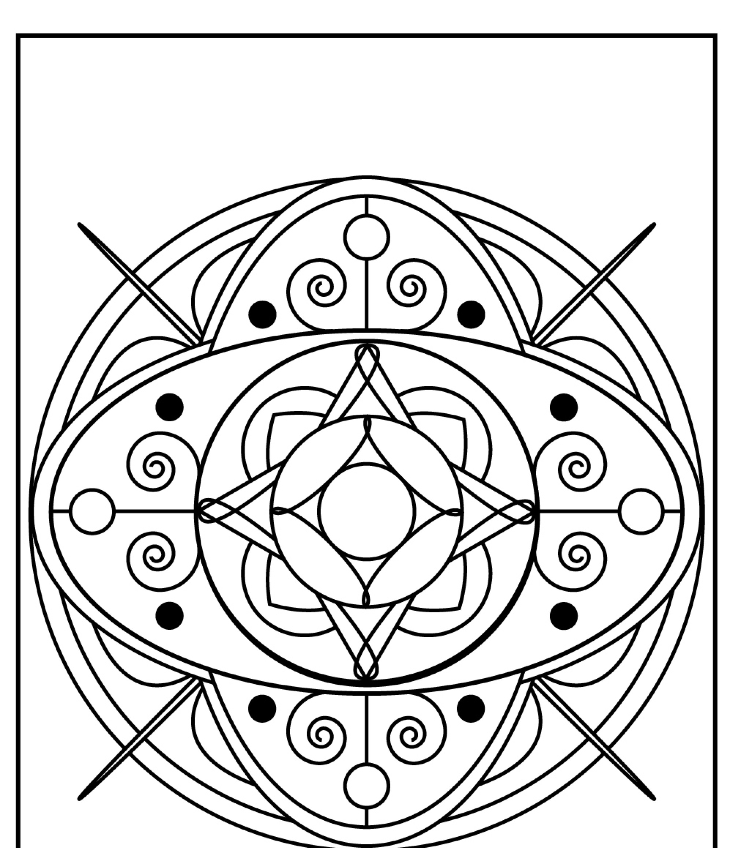 Uma mandala preta e branca com padrões simétricos, círculos e redemoinhos, perfeita para imprimir ou colorir.