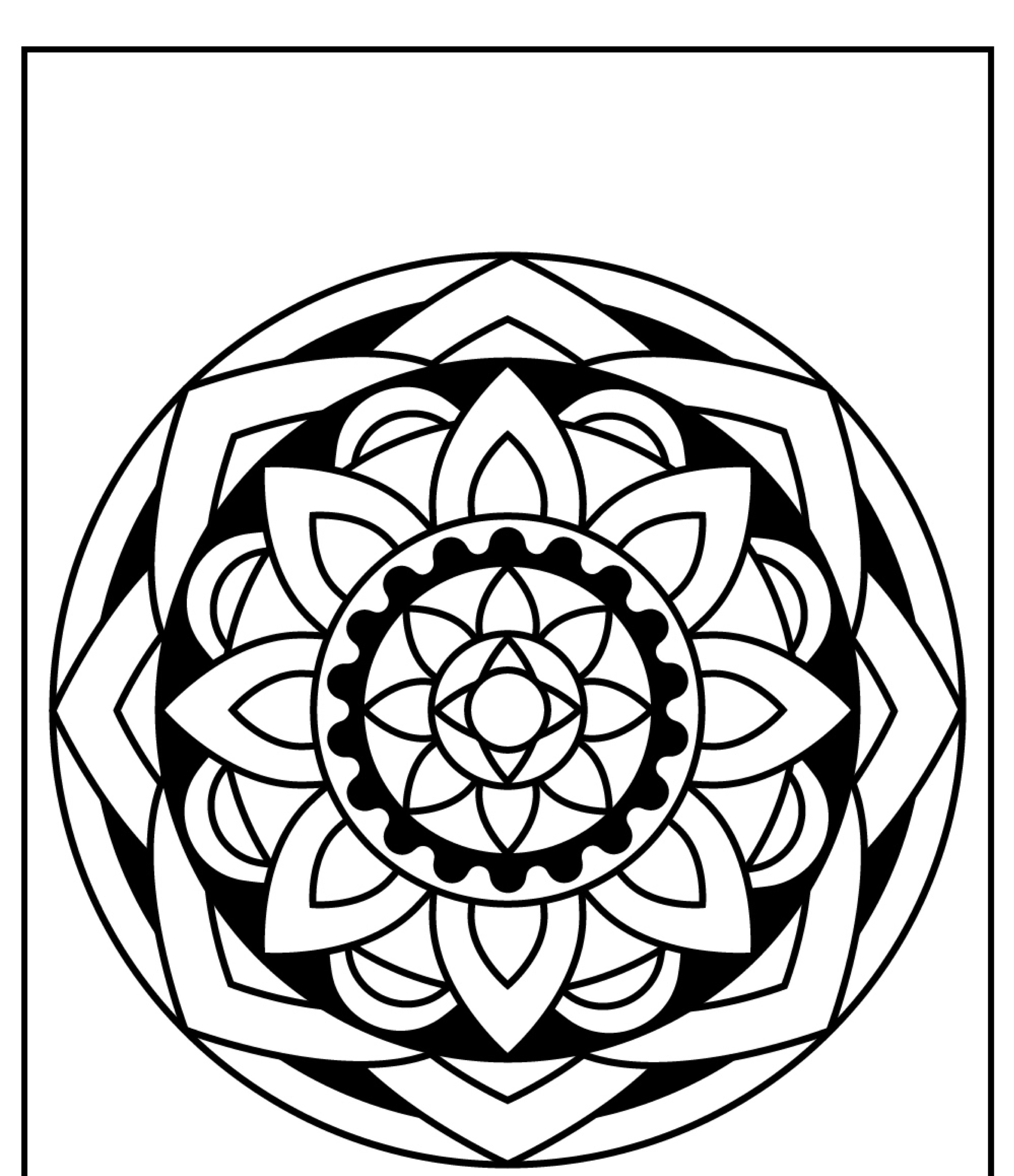 Uma mandala preta e branca com padrões geométricos e florais intrincados em um design circular, perfeita para quem gosta de mandalas para colorir ou imprimir.