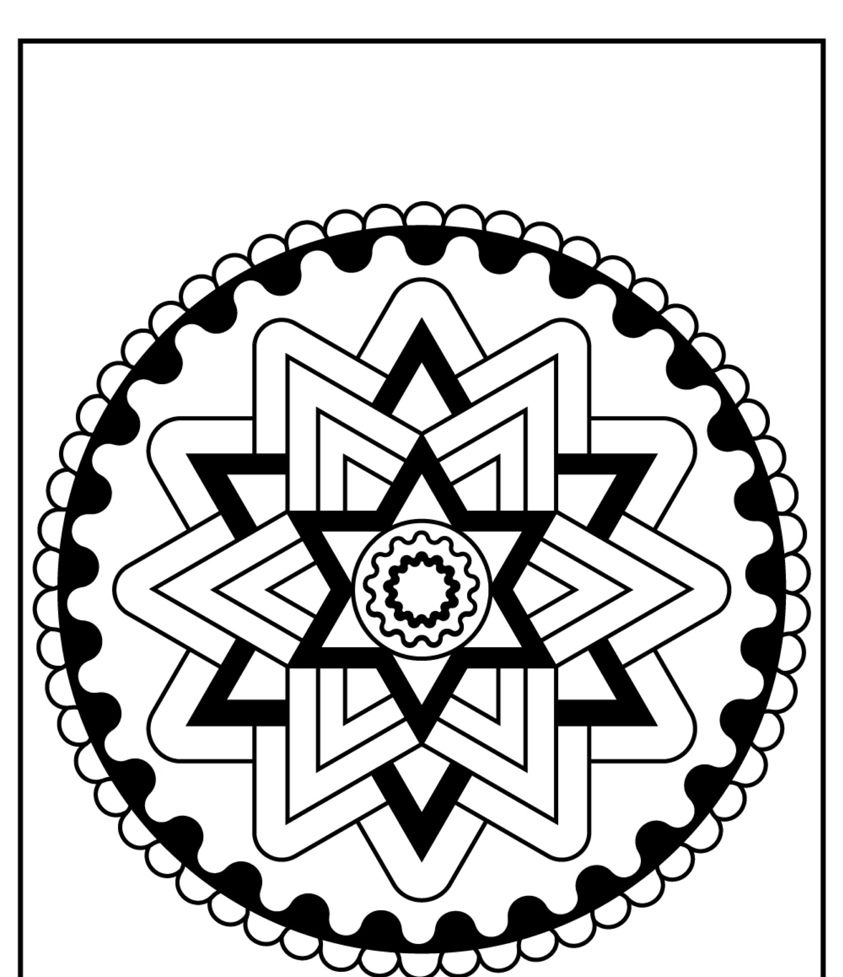 Design de mandala abstrato com padrões geométricos complexos e bordas recortadas em preto e branco, perfeito para colorir ou imprimir e criar mandalas deslumbrantes.