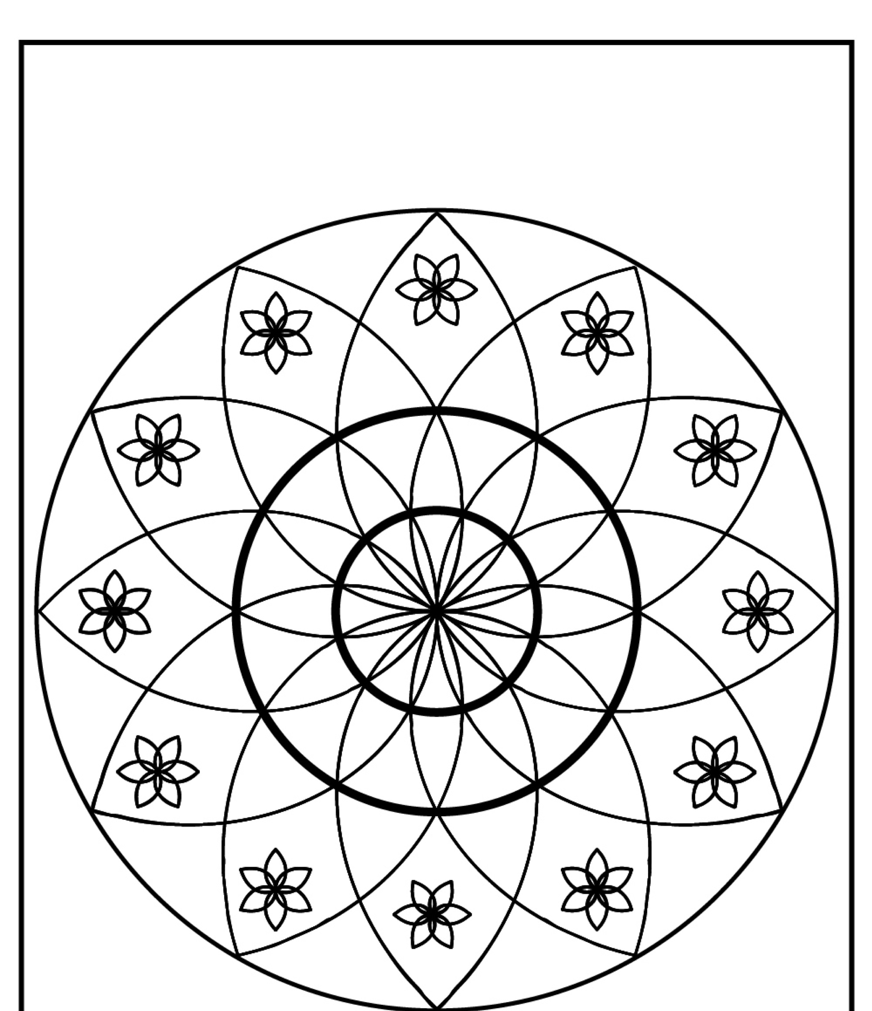 Um design de mandala simétrico com círculos sobrepostos e formas semelhantes a pétalas, encerrados em uma borda quadrada. Perfeito para quem busca mandalas para colorir e imprimir.