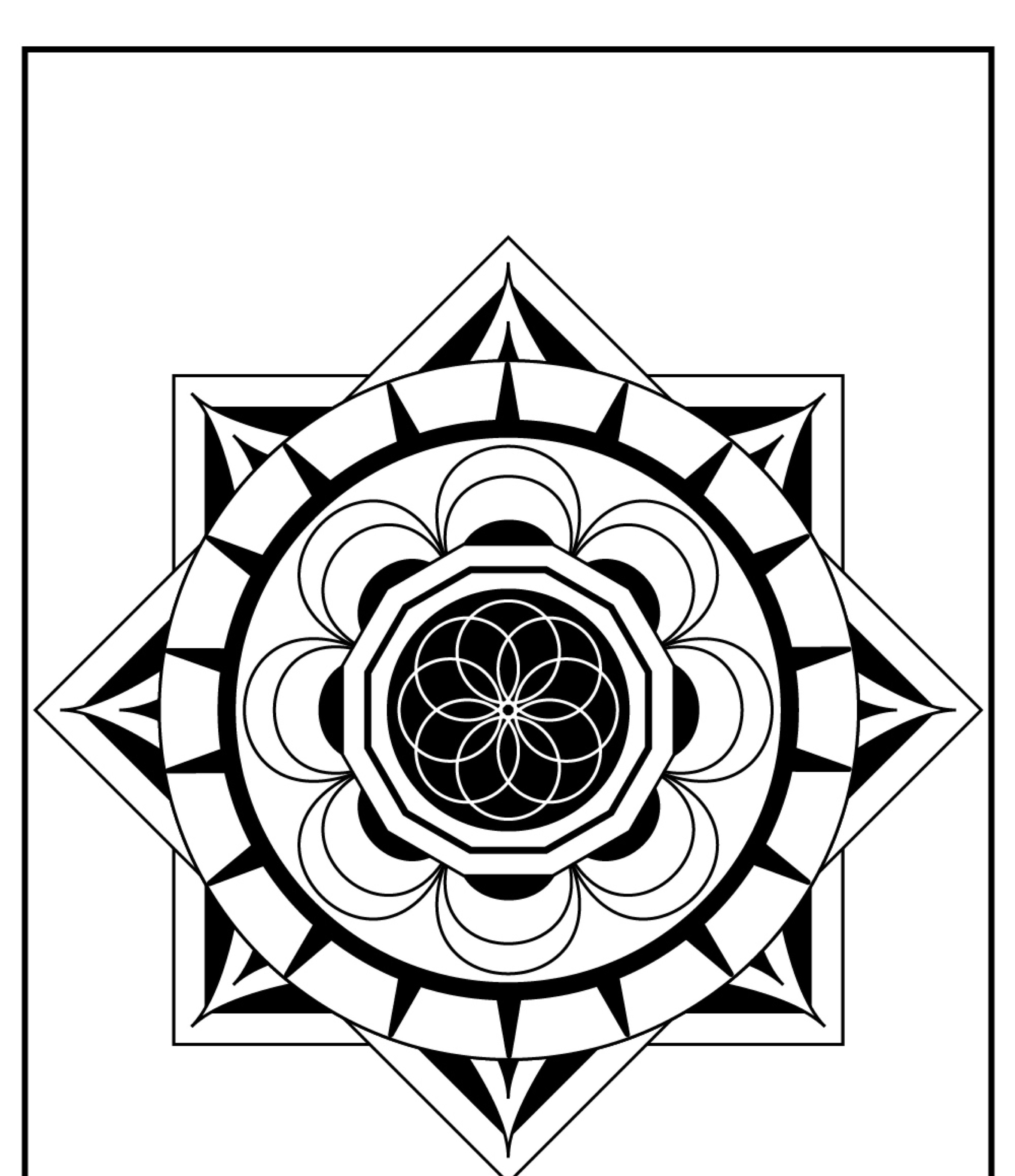 Design de mandala geométrica com círculos concêntricos, formas de pétalas de lótus e uma estrela no fundo. Padrão preto e branco, perfeito para colorir ou imprimir para seus projetos criativos.