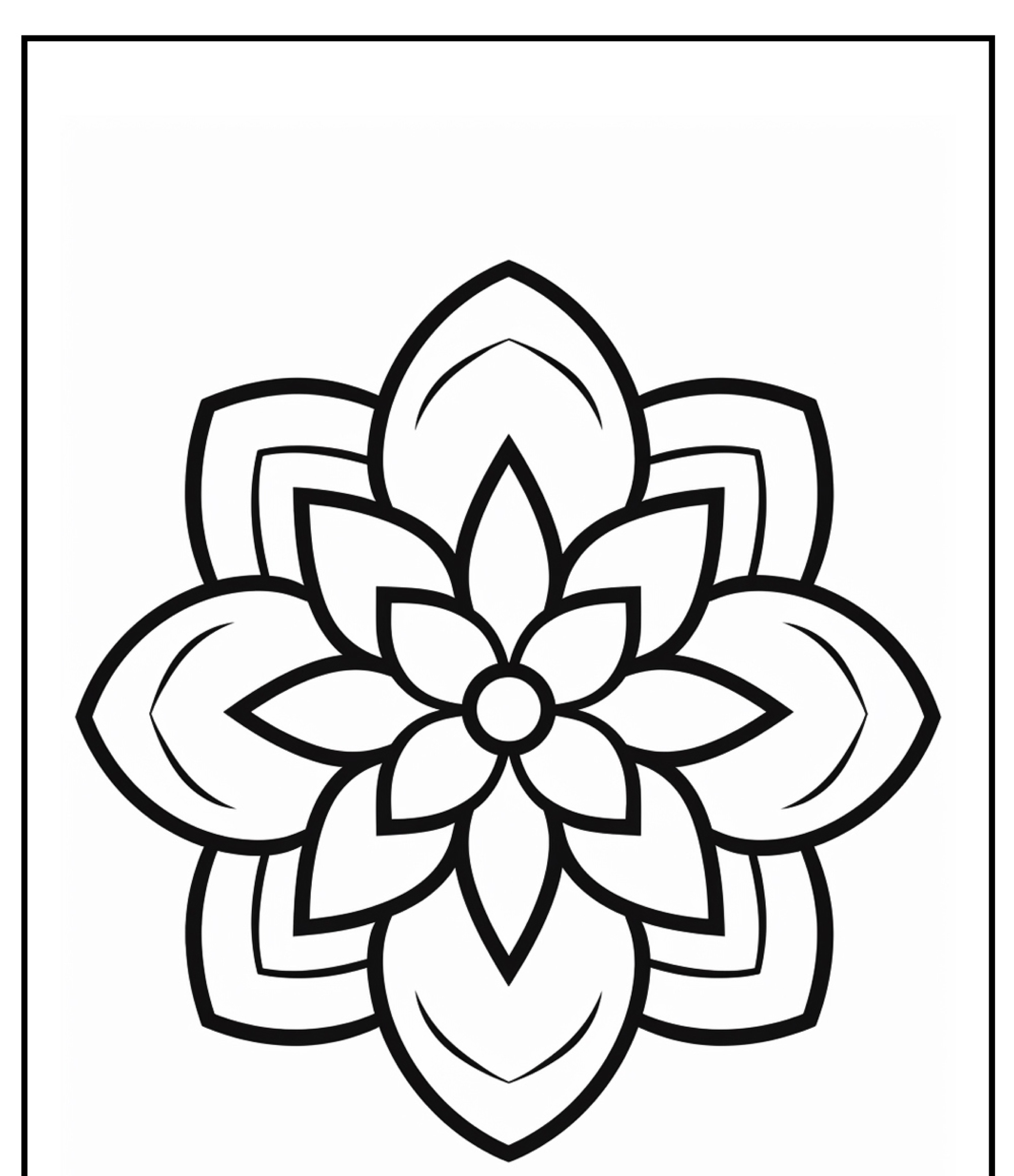 Um desenho em preto e branco de uma mandala floral simétrica com seis pétalas, perfeita para quem gosta de imprimir e colorir mandalas detalhadas.