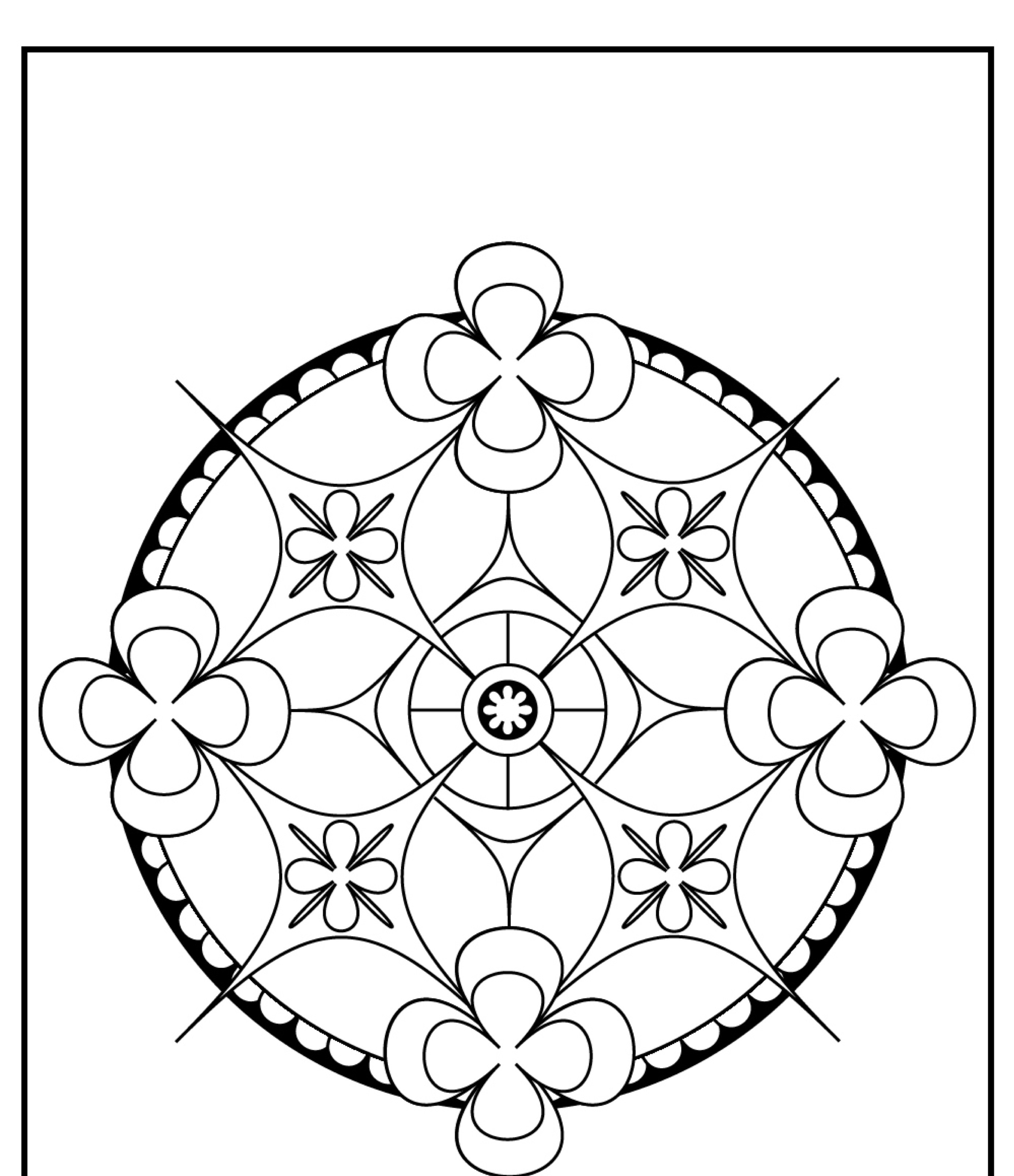 Design de mandala geométrica intrincada com formas simétricas e elementos florais em preto e branco, perfeita para imprimir ou colorir.