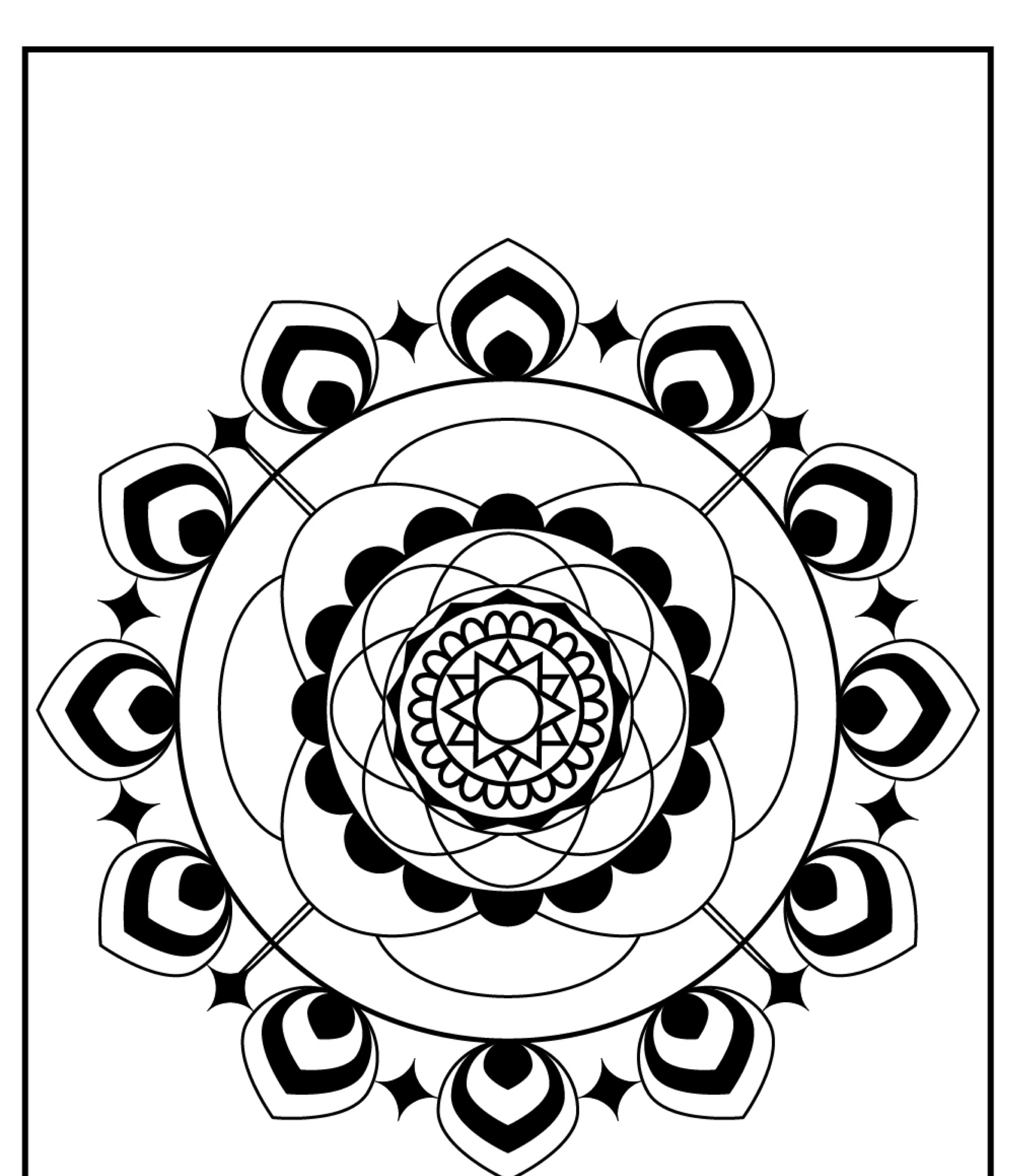 Um design de mandala em preto e branco com padrões geométricos complexos e elementos em forma de lótus, perfeito para quem gosta de colorir mandalas detalhadas.