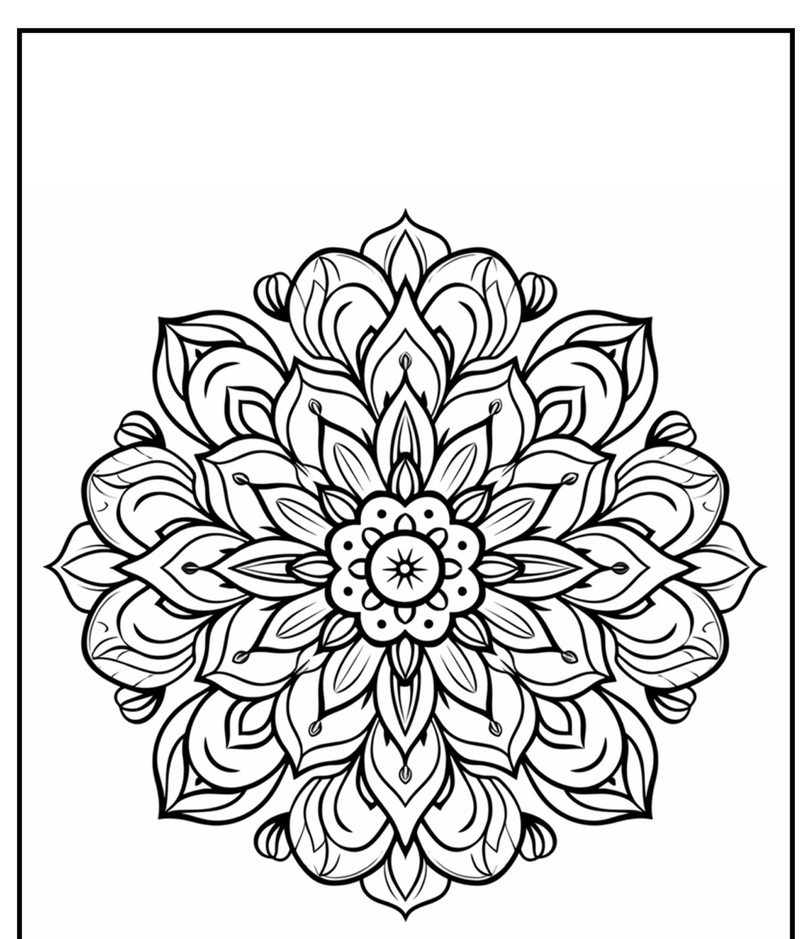 Desenho detalhado de mandala floral em preto e branco com padrões complexos e formas espiraladas em um fundo simples, perfeito para imprimir ou colorir.