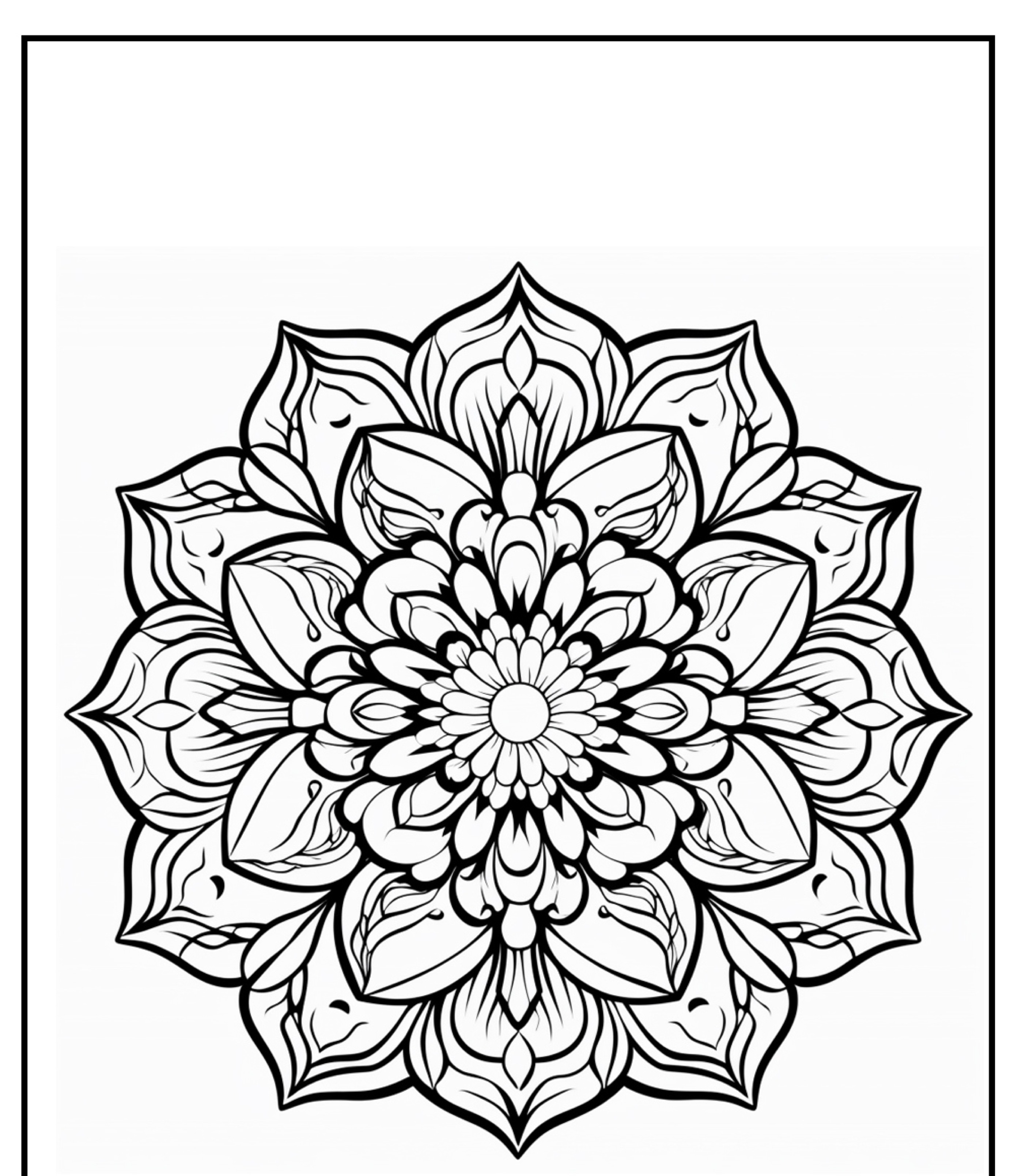 Um design detalhado de mandala em preto e branco com padrões geométricos complexos e elementos florais, perfeito para colorir ou imprimir.