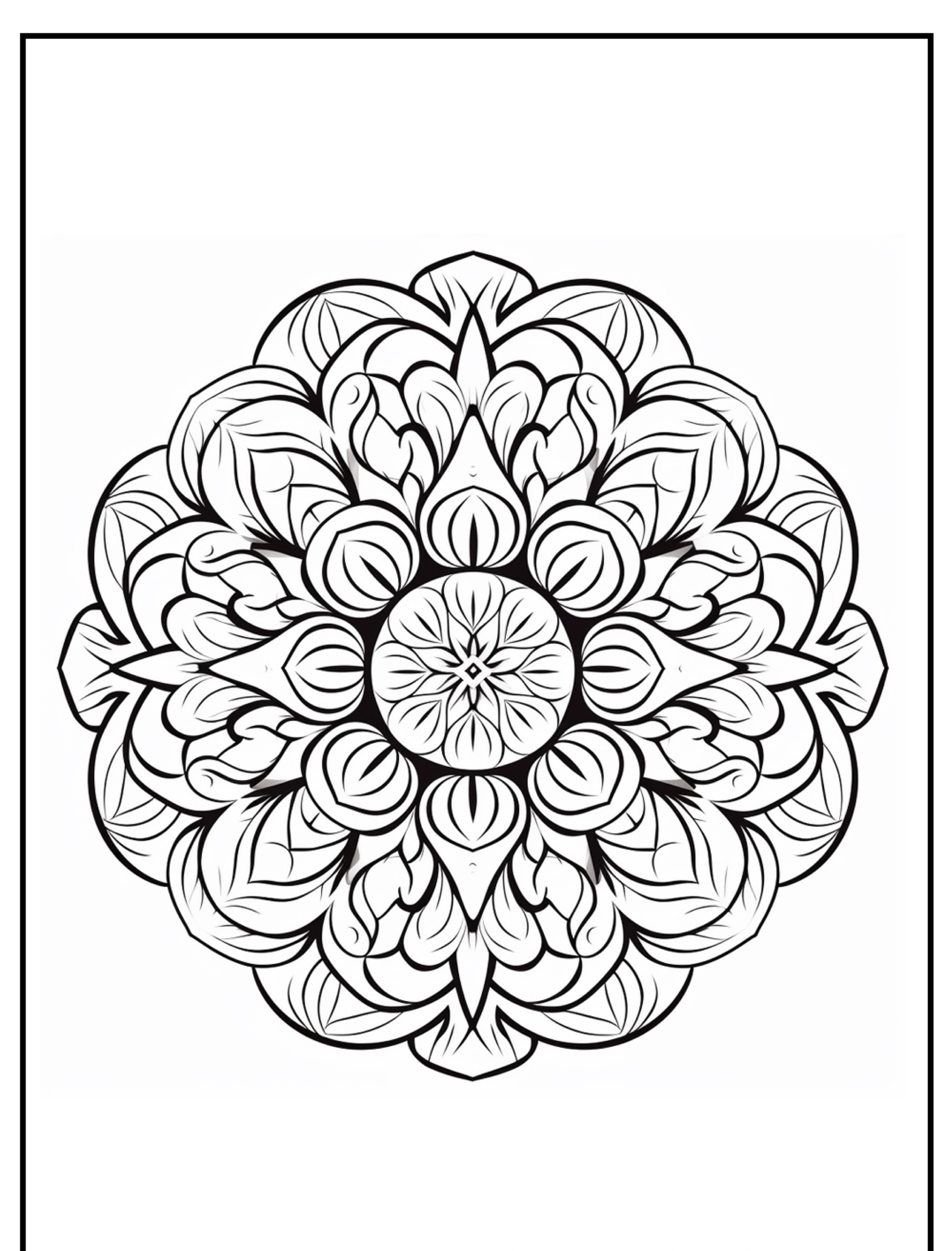 Um design de mandala intrincado em preto e branco com padrões florais, linhas simétricas e detalhadas, e inspiração em Pokémon, perfeito para entusiastas de Desenhos para colorir.