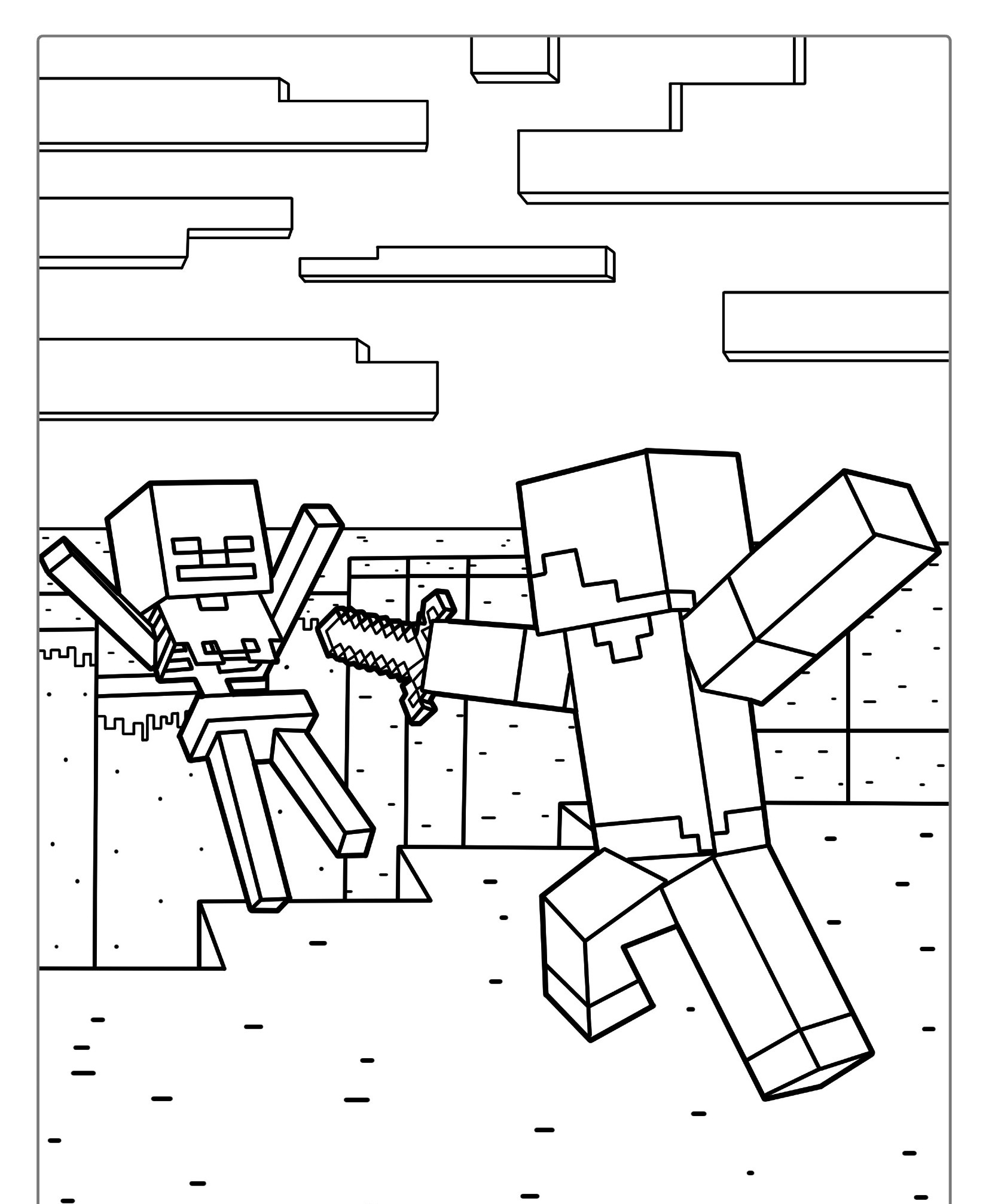 Um personagem quadrado lutando contra uma figura esquelética em um terreno acidentado e pixelado com um fundo de céu de 8 bits, que lembra um desenho do Minecraft pronto para colorir. Para Colorir.