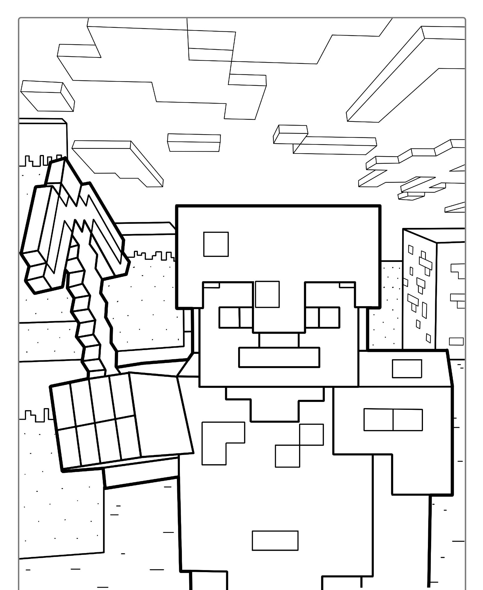 Um personagem pixelado com armadura segura um machado em um cenário de estruturas em blocos e nuvens, que lembra um desenho para colorir do Minecraft. Para Colorir.