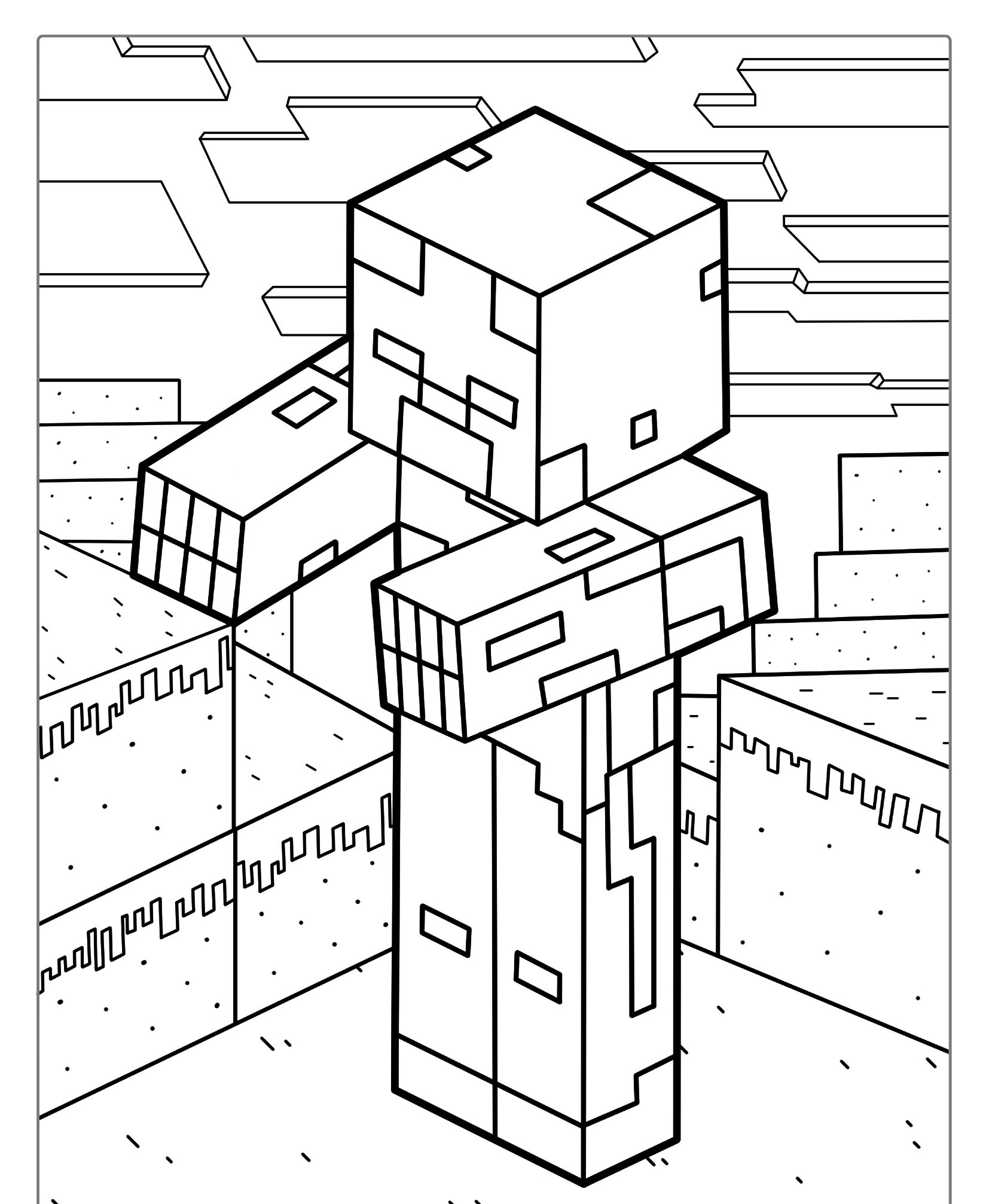 Um personagem pixelado em uma paisagem de blocos estende os dois braços; um design no estilo Minecraft perfeito como um desenho para colorir. Para Colorir.