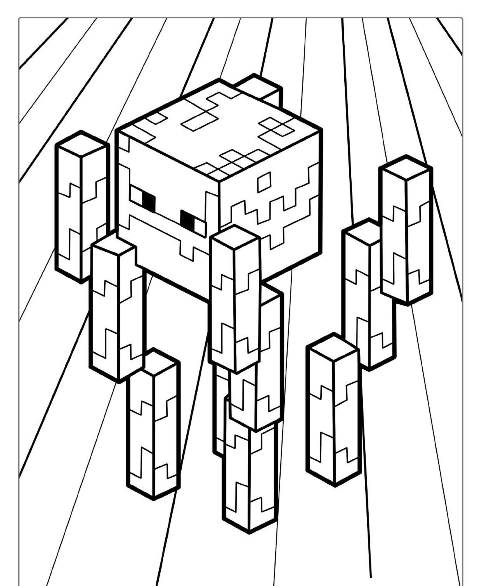 Uma criatura pixelada, de seis pernas, com cabeça e corpo em formato de caixa, lembrando uma aranha do Minecraft, contra um fundo alinhado. Perfeito para colorir seu próprio Desenho do Minecraft! Para Colorir.