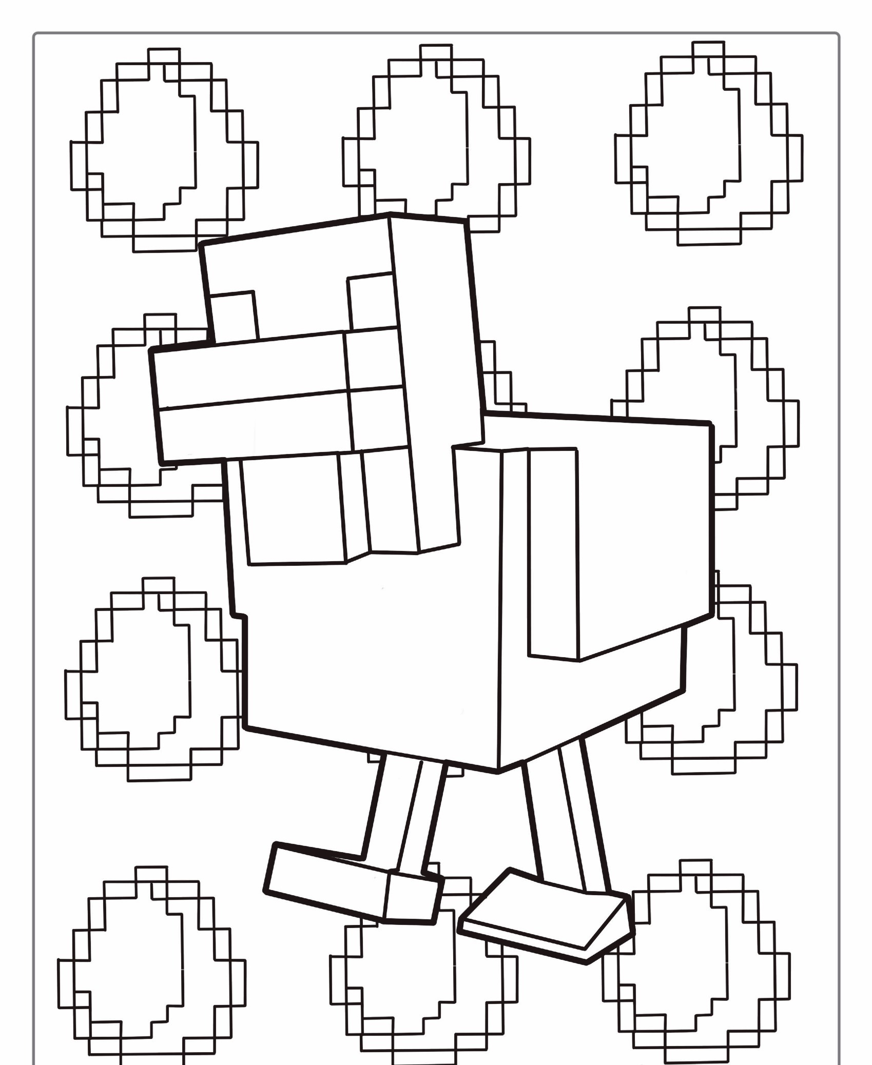 Pássaro de desenho animado pixelado com corpo e bico quadrados, que lembra um personagem do Minecraft, cercado por ovos pixelados em um fundo simples. Para Colorir.