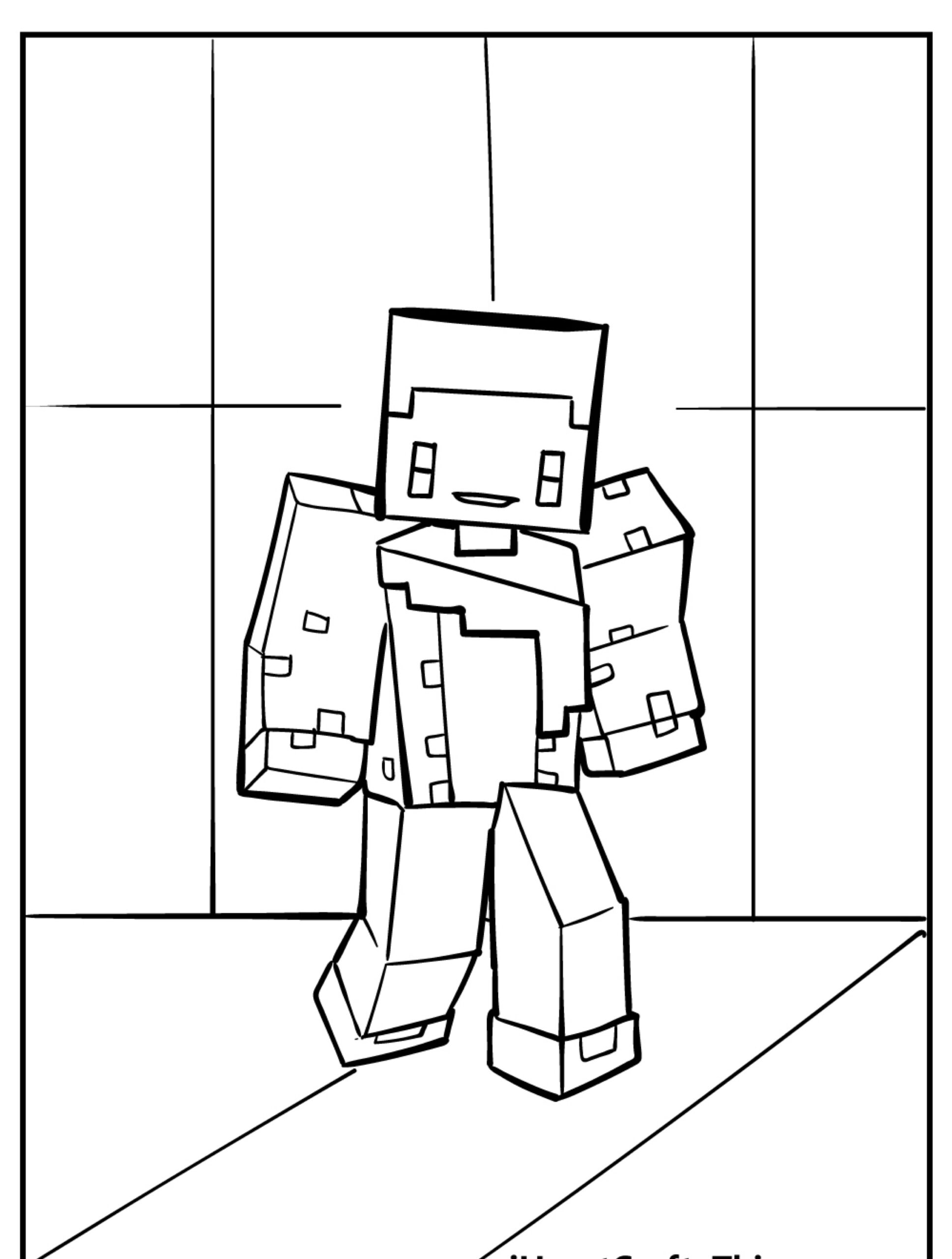 Um desenho em preto e branco de um personagem em blocos andando, que lembra gráficos no estilo Minecraft, perfeito para quem gosta de desenho para colorir. Para Colorir.