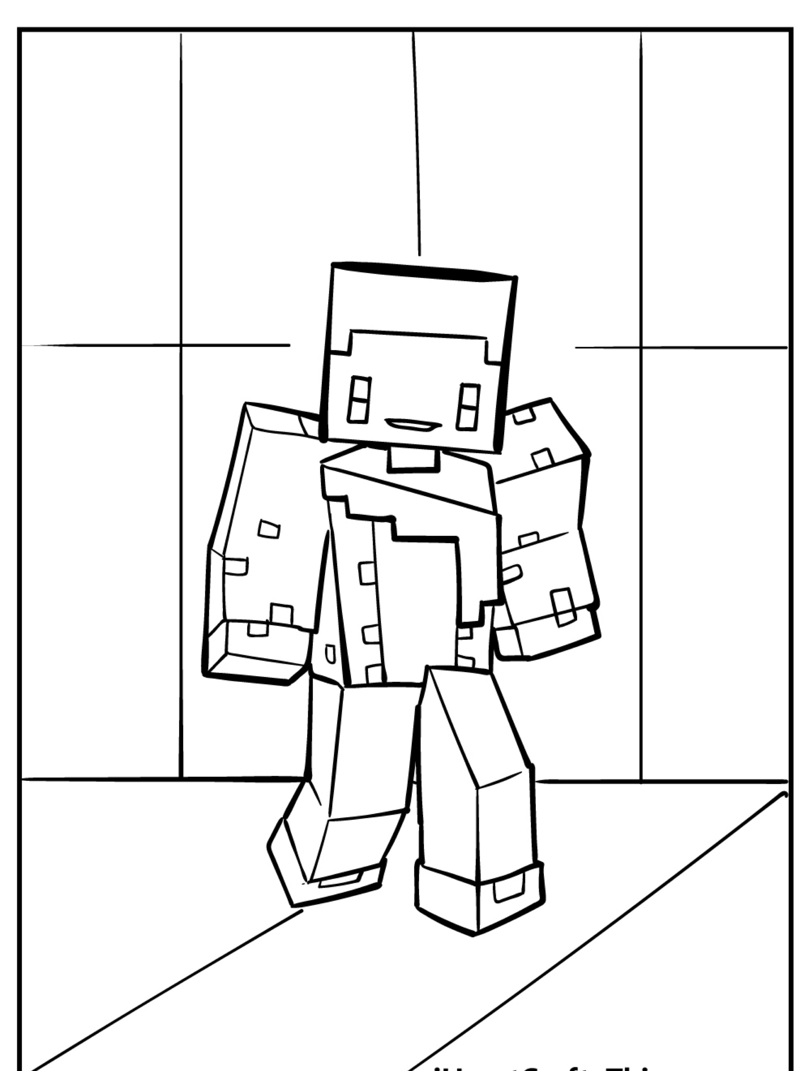 Um desenho em preto e branco de um personagem em blocos andando, que lembra gráficos no estilo Minecraft, perfeito para quem gosta de desenho para colorir. Para Colorir.