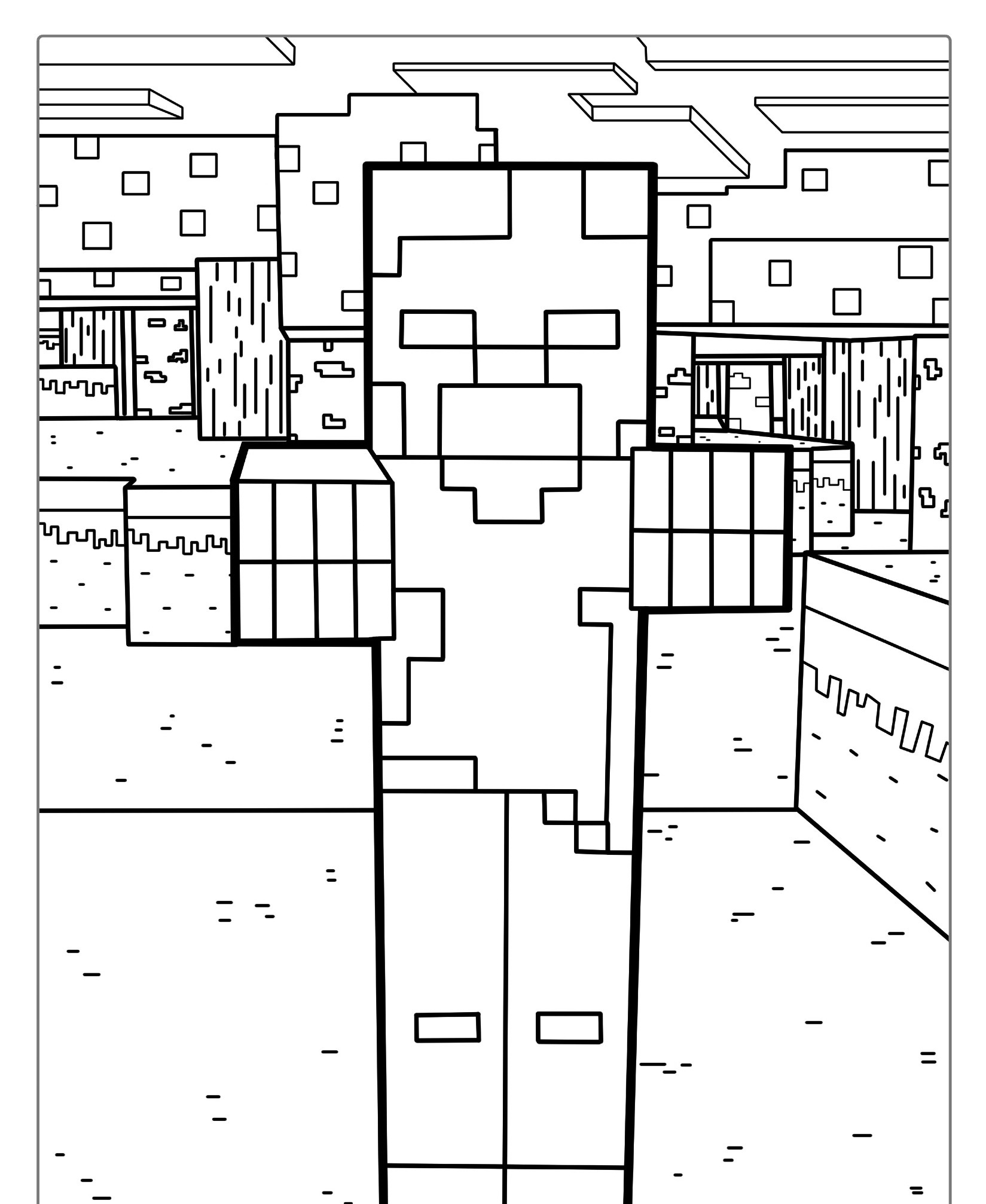 Um personagem pixelado está em um ambiente em blocos no estilo Minecraft, com prédios e árvores ao fundo, parecendo uma cena saída de um "desenho" que você pode querer "colorir". Para Colorir.