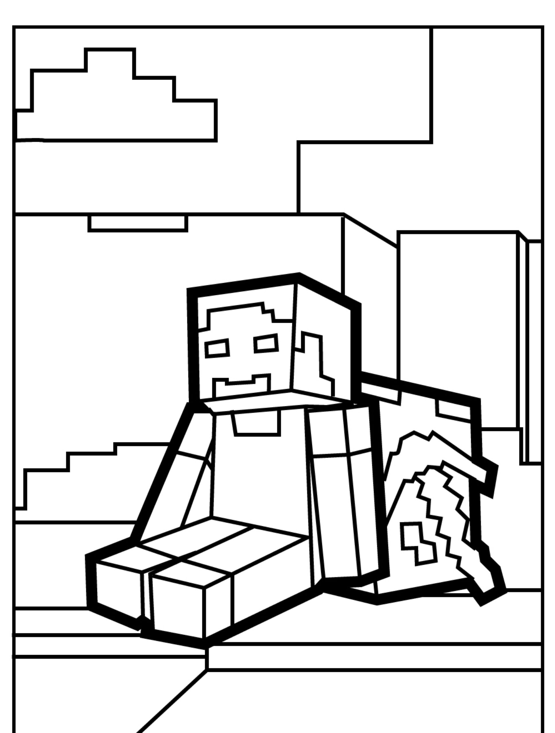 Um personagem do Minecraft com uma picareta em um fundo quadrado, perfeito para as crianças colorirem e darem vida à cena com desenhos vibrantes. Para Colorir.