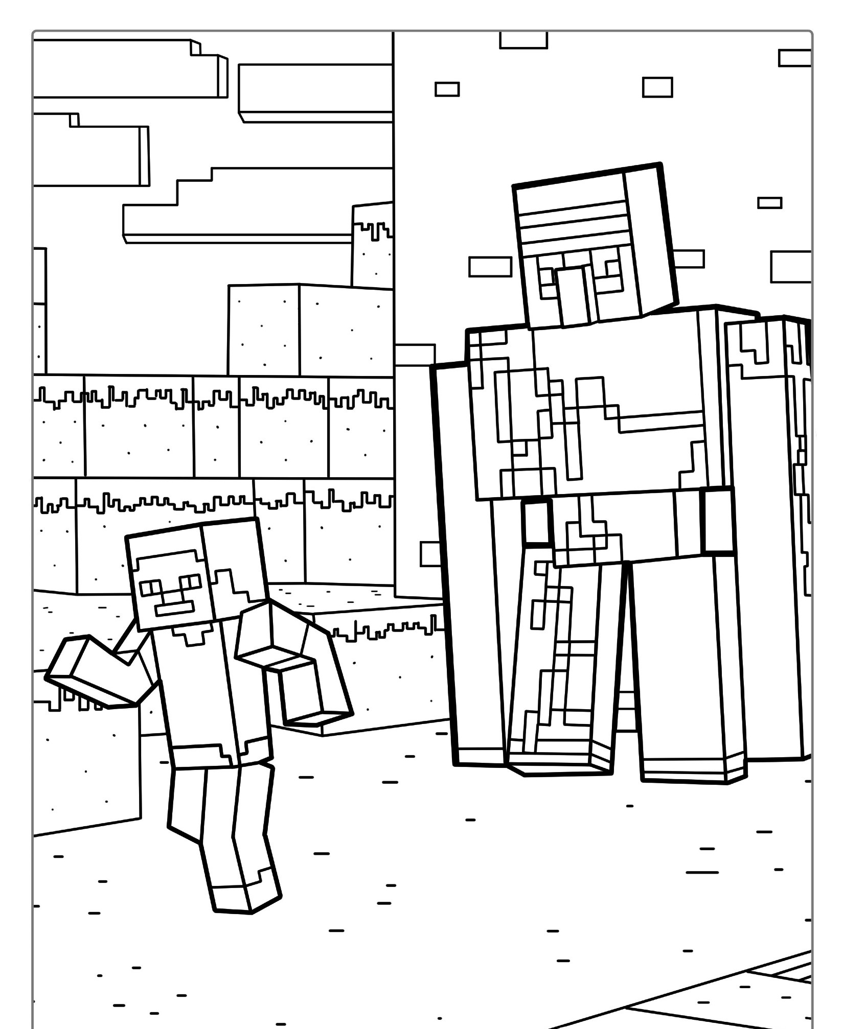 Um personagem do Minecraft corre de uma figura pixelada maior neste desenho em preto e branco para você colorir. Para Colorir.