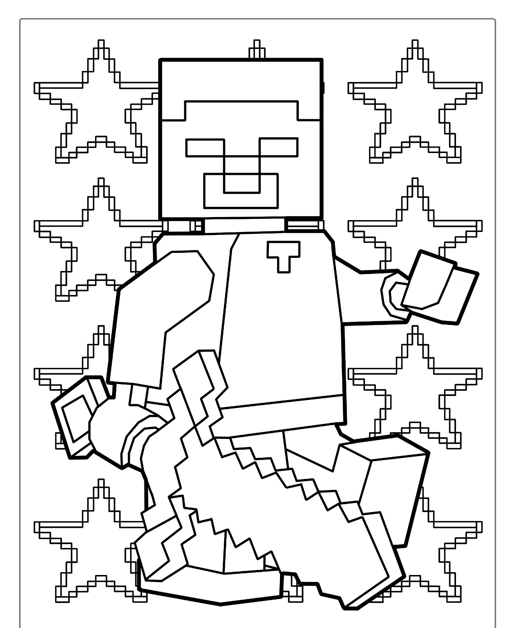 Personagem pixelado segurando uma espada com um fundo de estrelas; estilo Minecraft para colorir em preto e branco. Para Colorir.