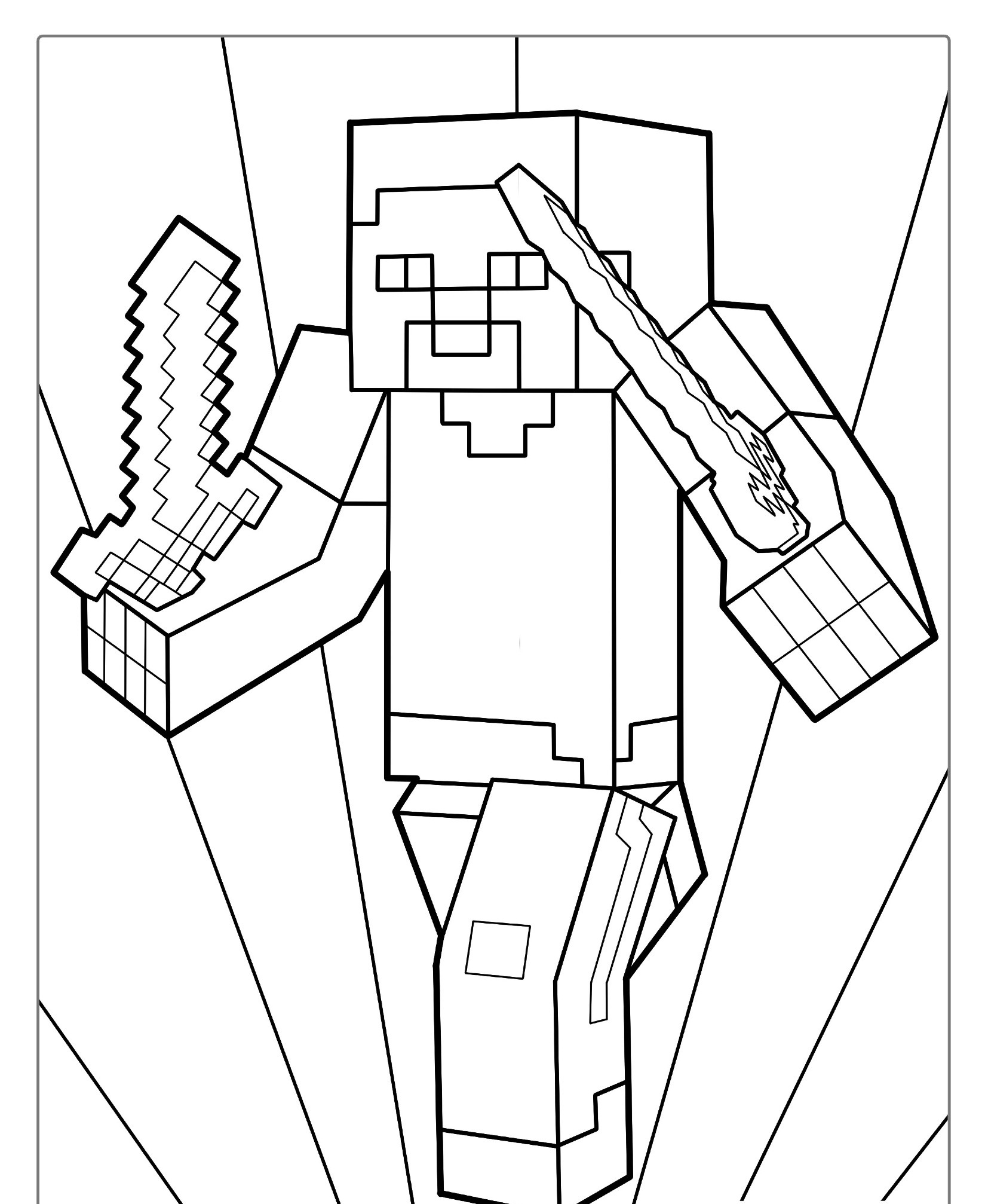 Desenho de um personagem do Minecraft pulando com uma espada em cada mão contra um fundo de linhas radiantes, perfeito para quem gosta de Colorir e Desenho. Para Colorir.