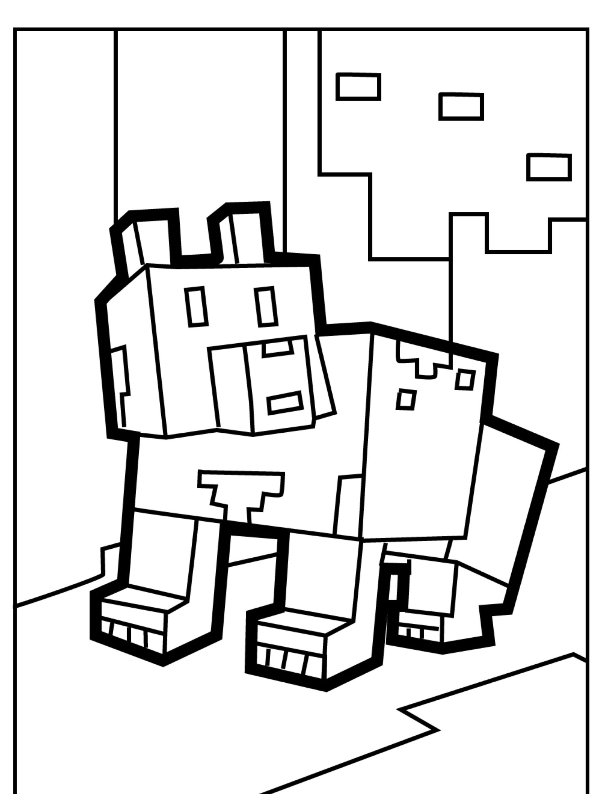 Uma página para colorir em preto e branco com um urso pixelado e quadrado caminhando em uma paisagem geométrica, que lembra Minecraft. Este desenho é perfeito para colorir. Para Colorir.