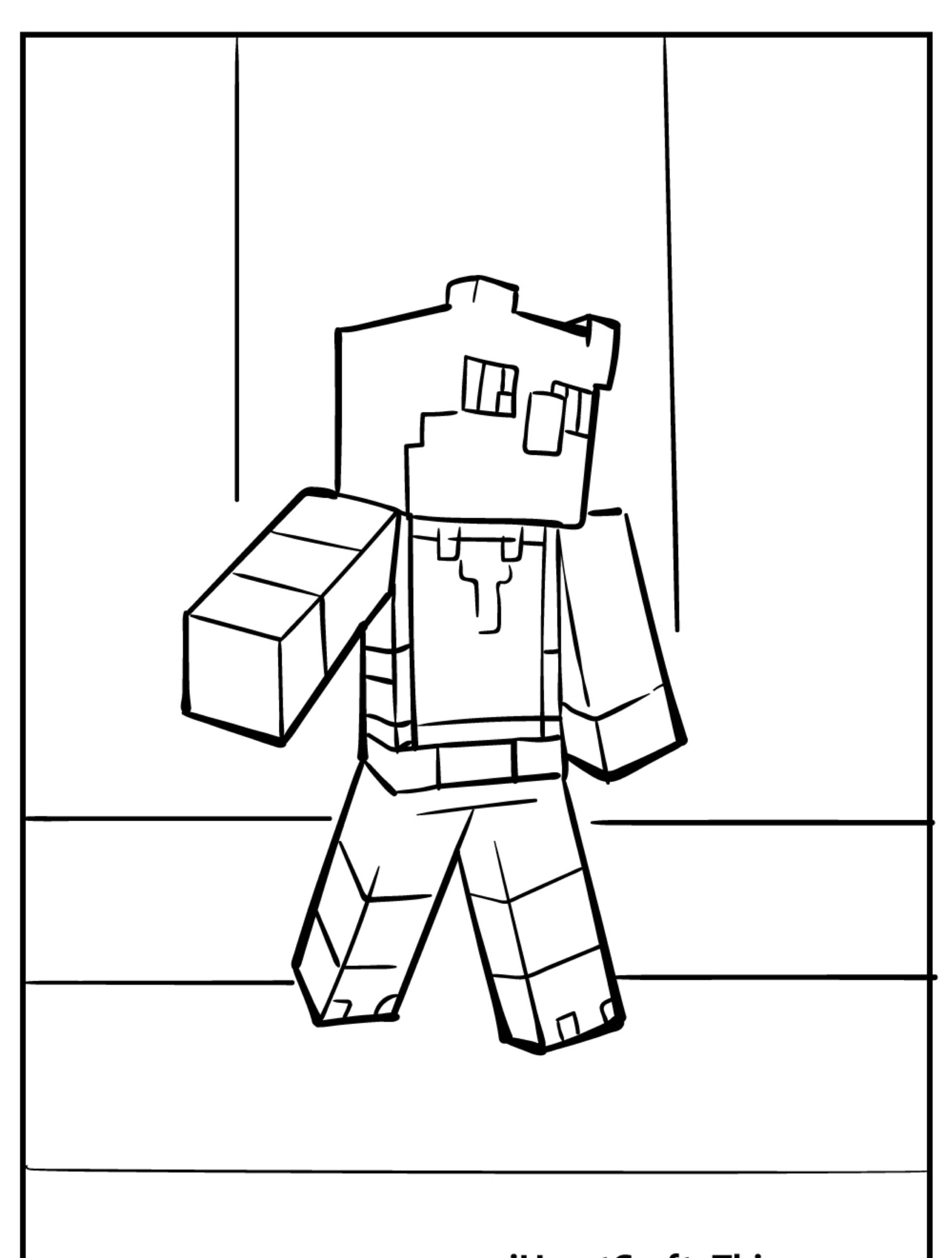 Página para colorir de personagem do Minecraft com um personagem de cabeça cúbica e braço levantado, de pé em uma sala. Desenho para colorir. Para Colorir.