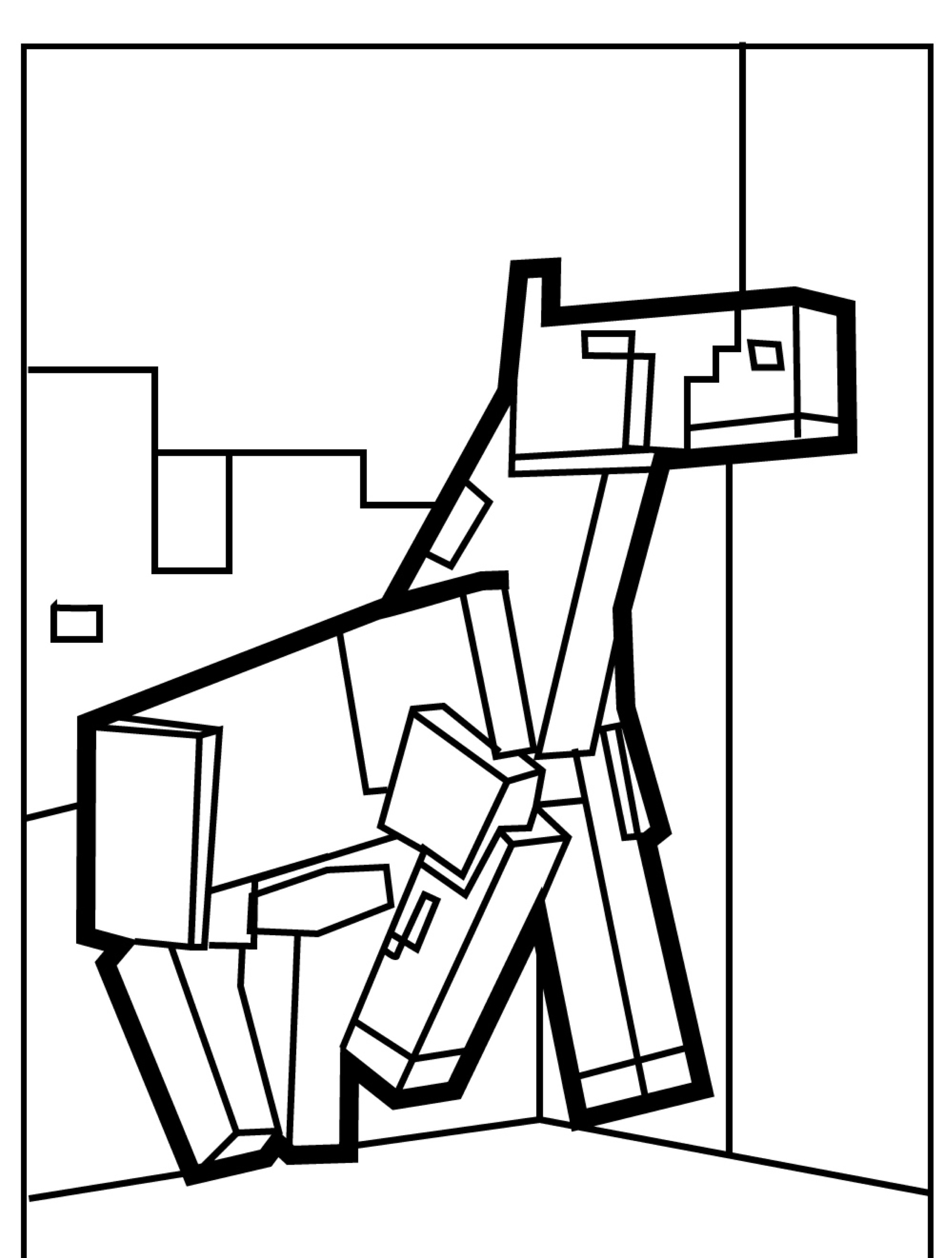 Uma ilustração em preto e branco para colorir de um cavalo quadrado e pixelado parado em um canto, lembrando gráficos no estilo Desenho do Minecraft. Para Colorir.