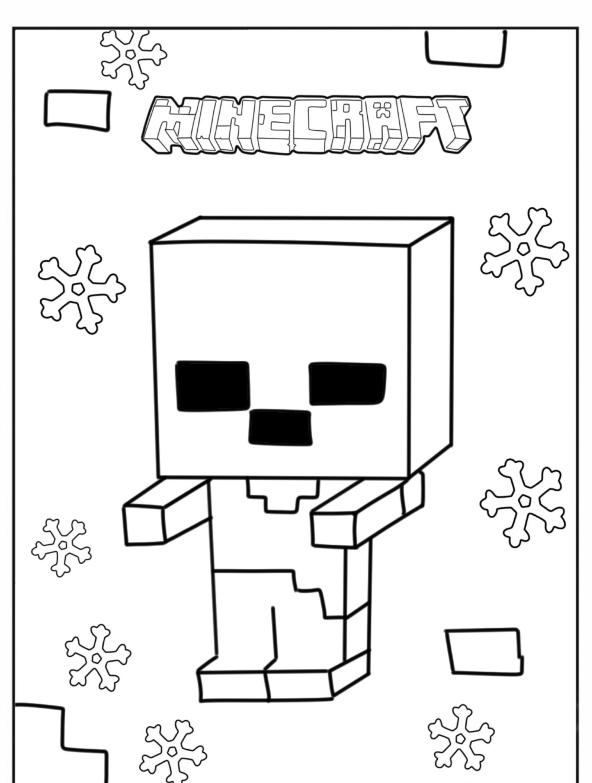 Uma página para colorir com tema Minecraft, ou "desenho para colorir", apresentando um personagem quadrado cercado por flocos de neve. Para Colorir.