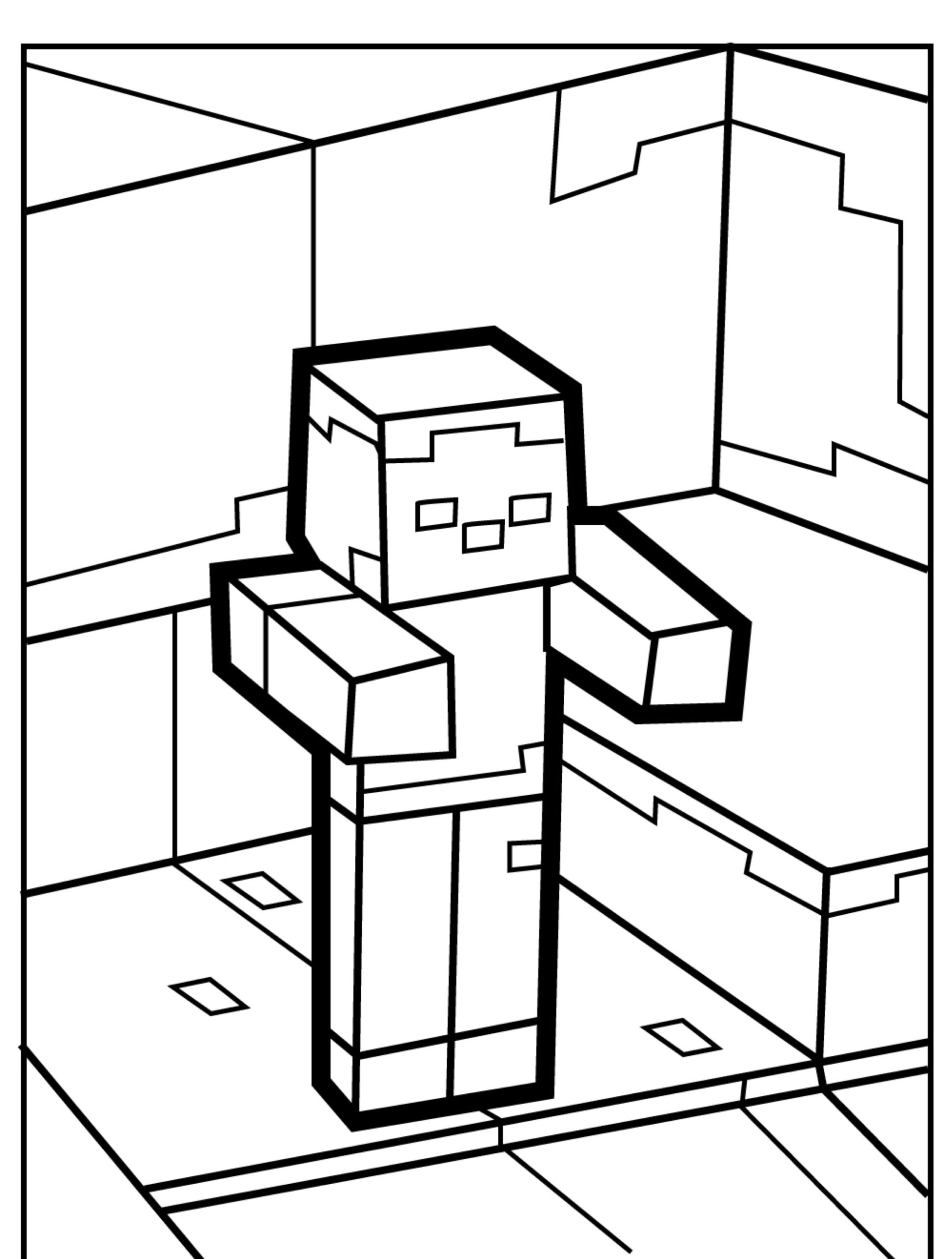 Desenho de uma figura humana em blocos, que lembra personagens do Minecraft, em pé em um canto de uma sala com formas geométricas em blocos semelhantes. Perfeito como um desenho para colorir. Para Colorir.