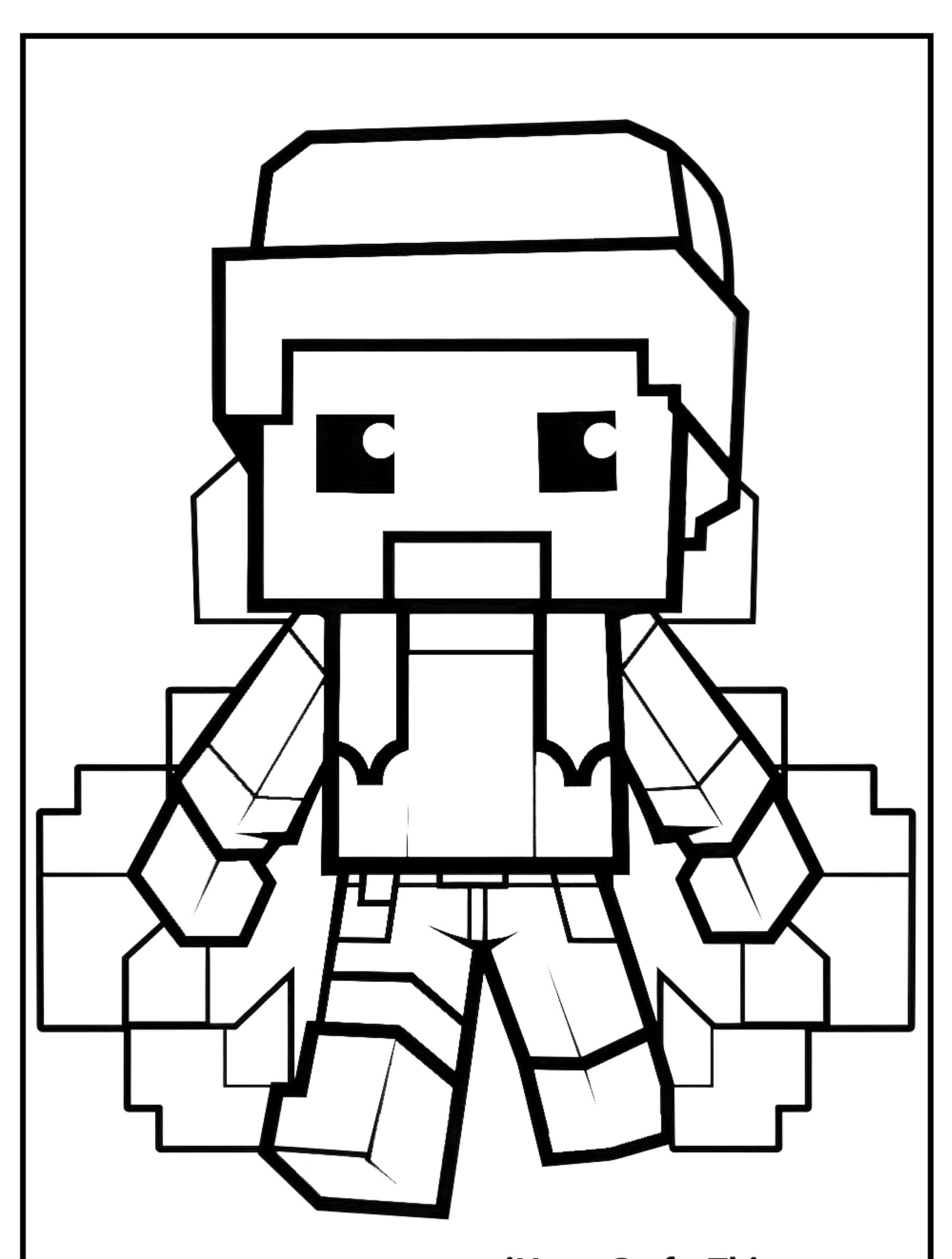 Uma página para colorir de um personagem do Minecraft pixelada, mostrada com características em blocos e uma arma ou ferramenta equipada, ideal para colorir. Para Colorir.