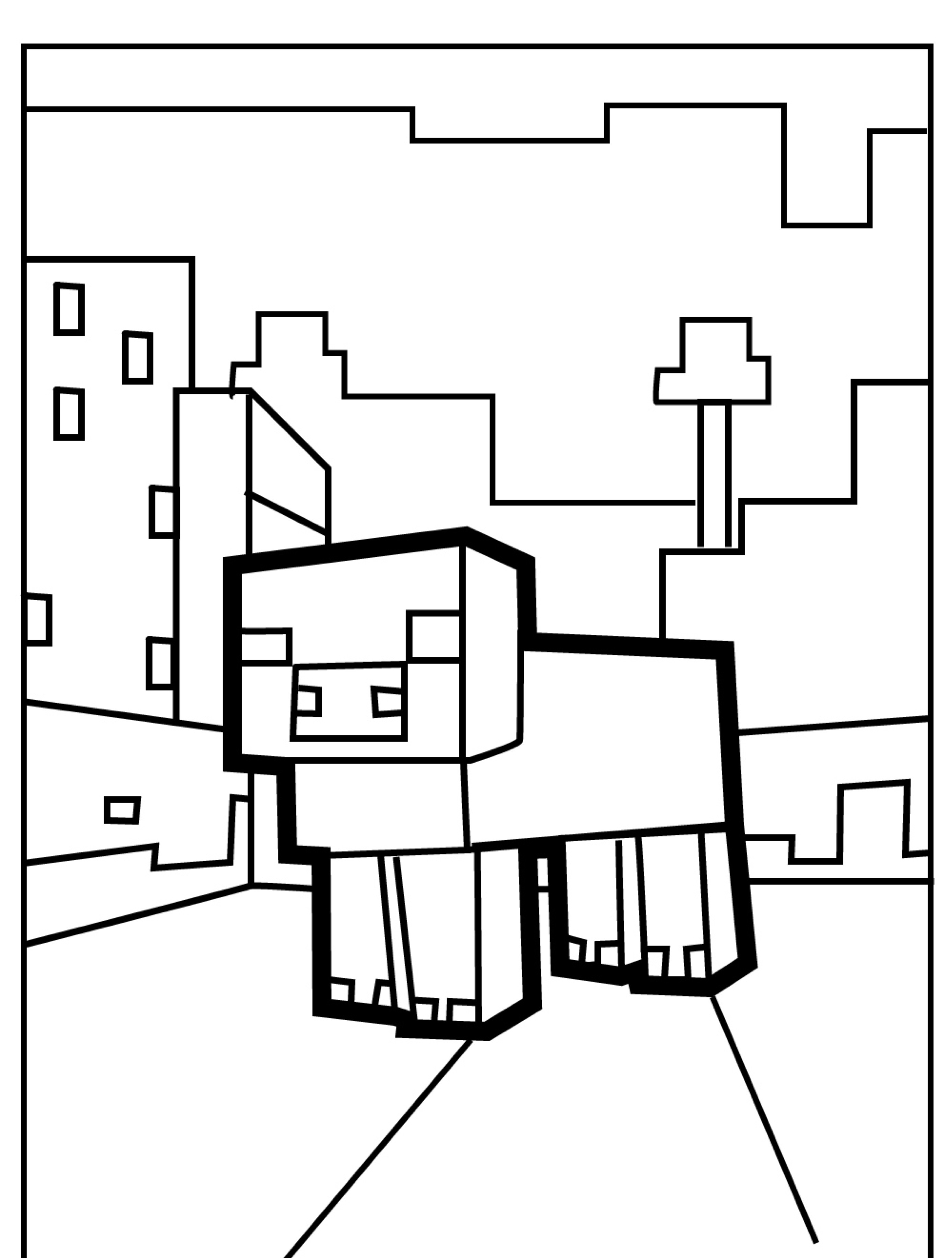 Uma vaca pixelada do Minecraft está em uma rua com prédios de blocos ao fundo. Desenho de página para colorir. Para Colorir.