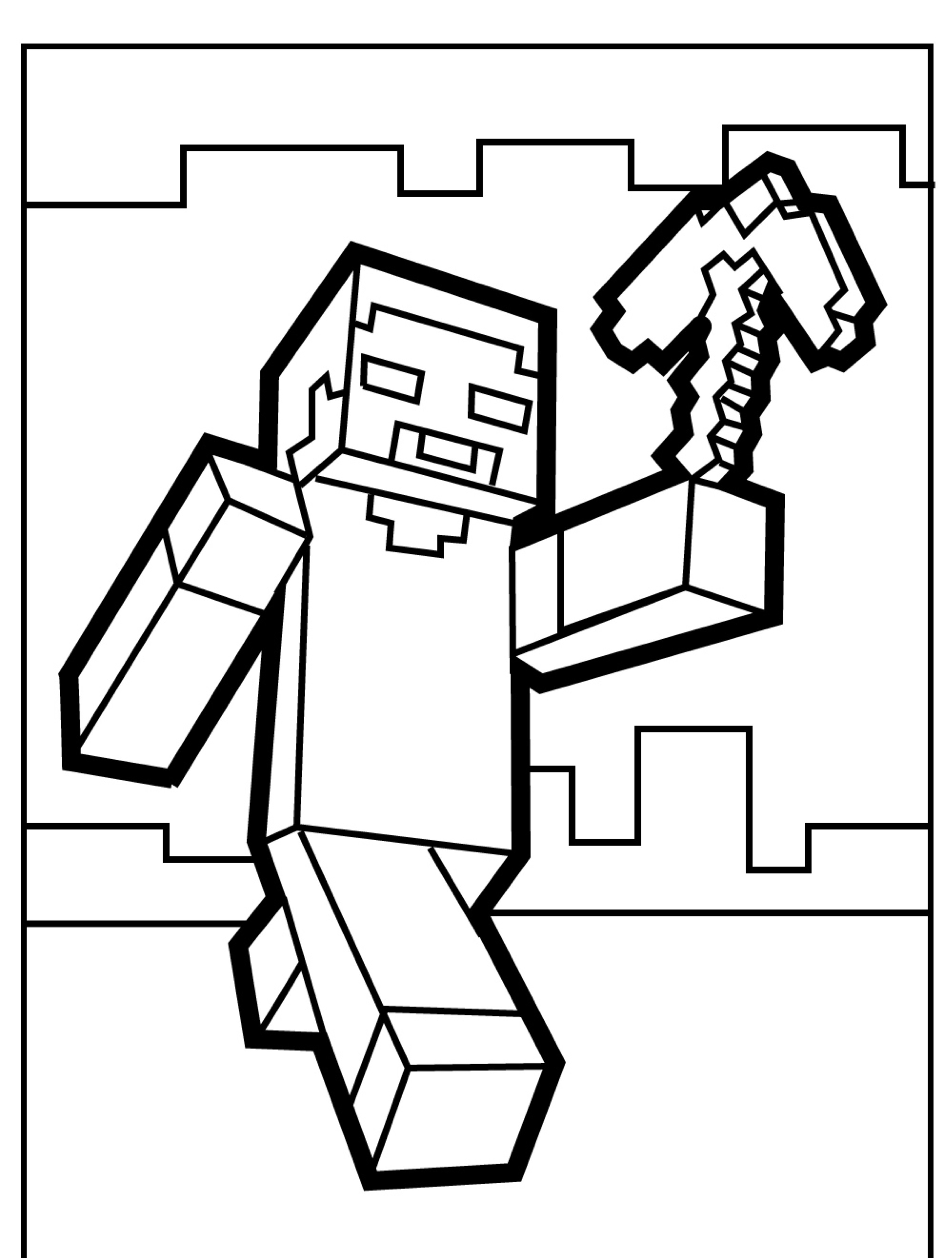 Um personagem pixelado do Minecraft segurando uma picareta, caminhando contra um fundo quadrado, perfeito para qualquer desenho para colorir. Para Colorir.