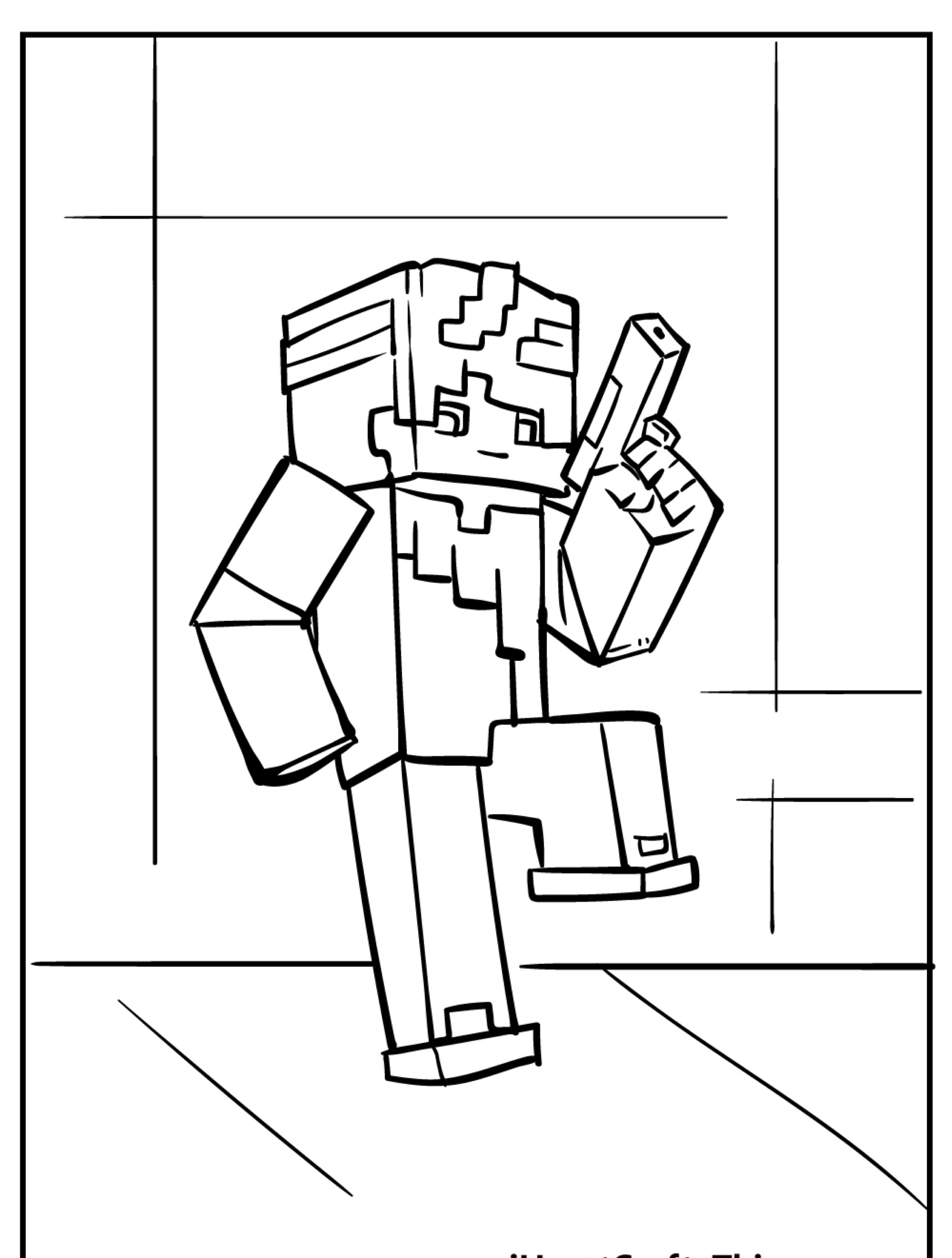 Um personagem pixelado do Minecraft, perfeito para colorir e andar enquanto segura um smartphone. Para Colorir.