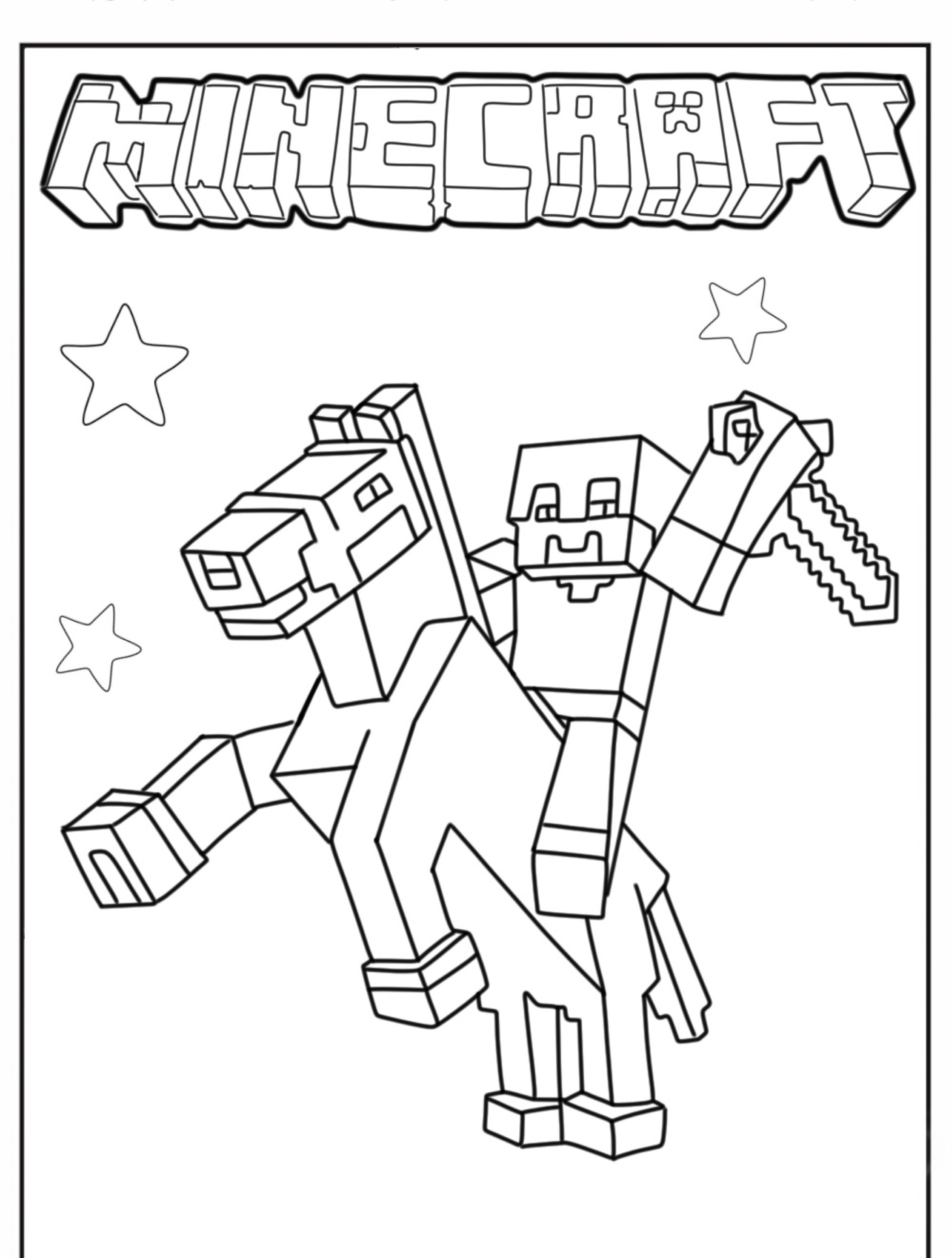 Um personagem do Minecraft cavalgando um cavalo com uma espada na mão, estrelas ao fundo. Texto "MINECRAFT" no topo. Desenho perfeito para colorir! Para Colorir.