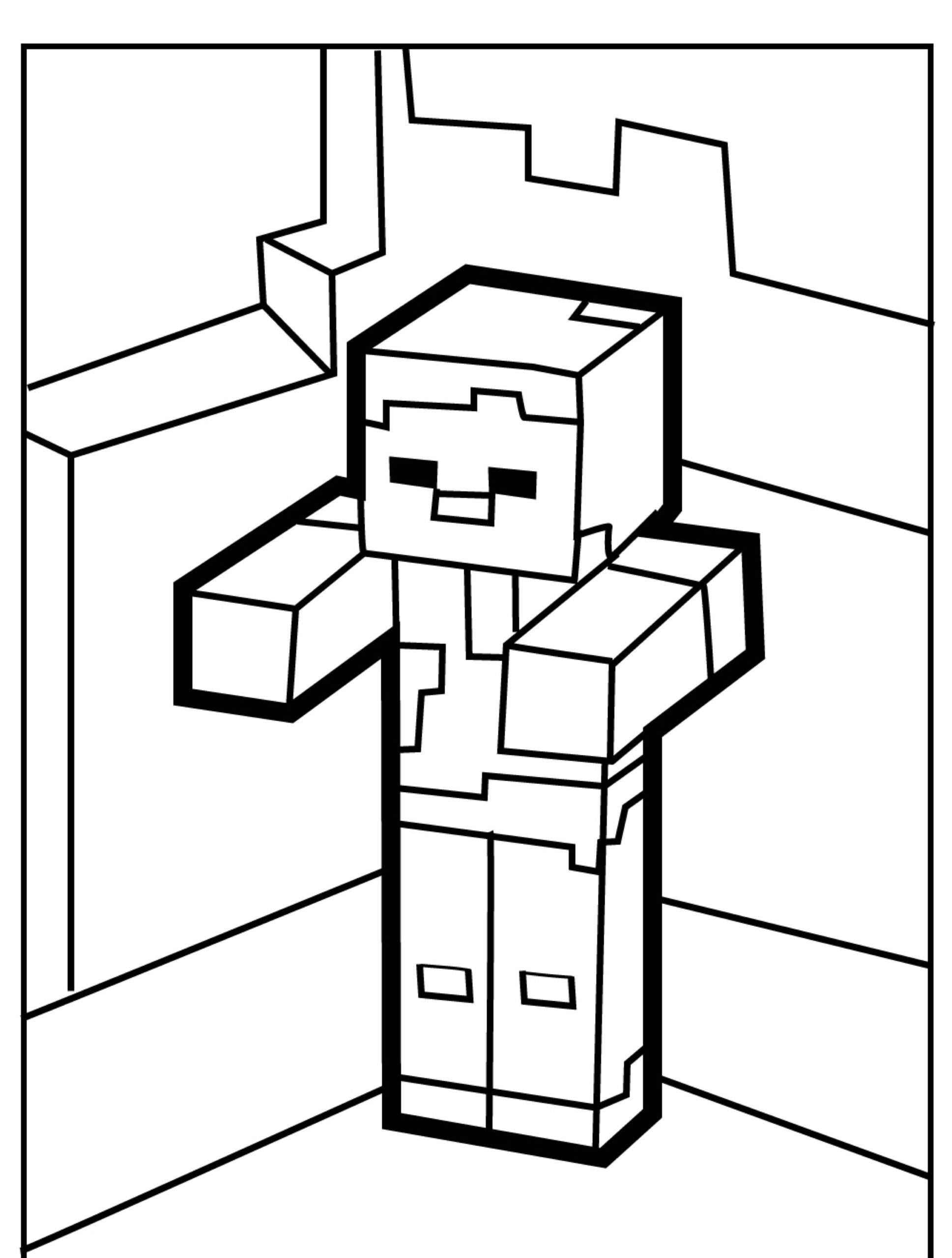 Desenho em preto e branco de um personagem em blocos no estilo Minecraft, parado em um canto de uma estrutura pixelada, perfeito para atividades de Minecraft para Colorir ou para adicionar seu próprio toque criativo a um Desenho do Minecraft. Para Colorir.