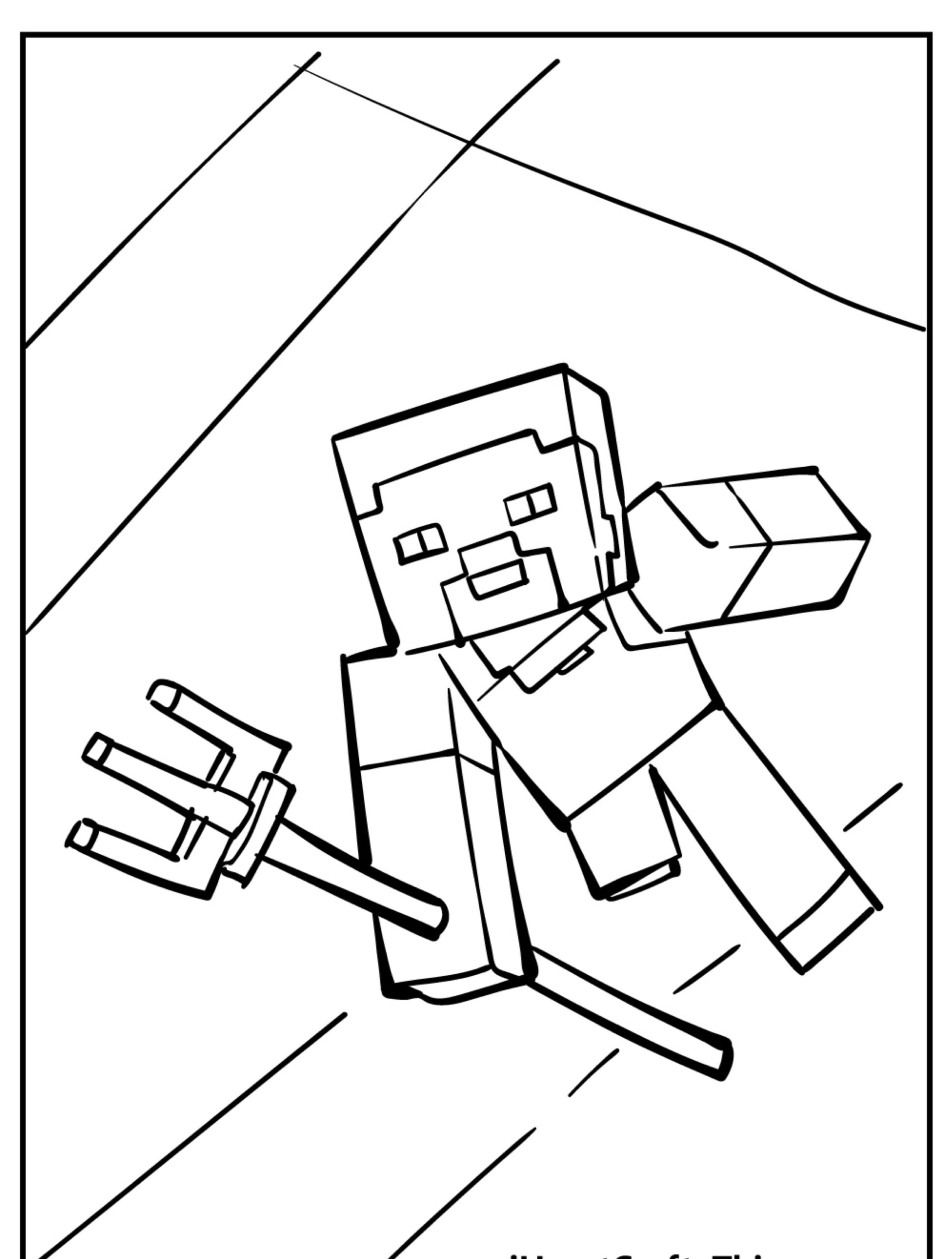 Um personagem do Minecraft segurando um tridente está pulando ou caindo com um braço levantado, perfeito para um desenho para colorir. Para Colorir.