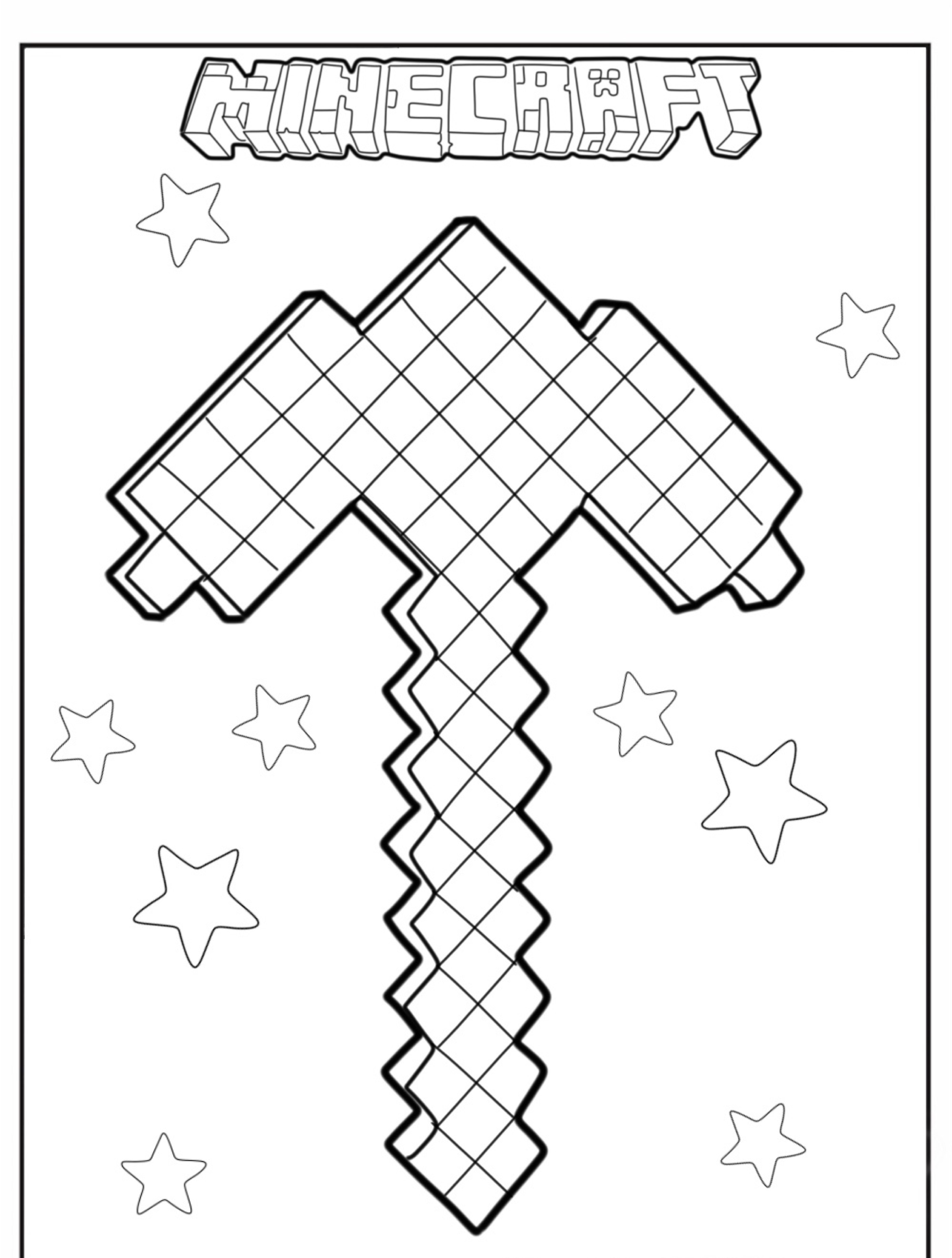 Desenho para colorir com uma picareta do Minecraft adornada com decorações de estrelas e o icônico logotipo do Minecraft no topo. Para Colorir.