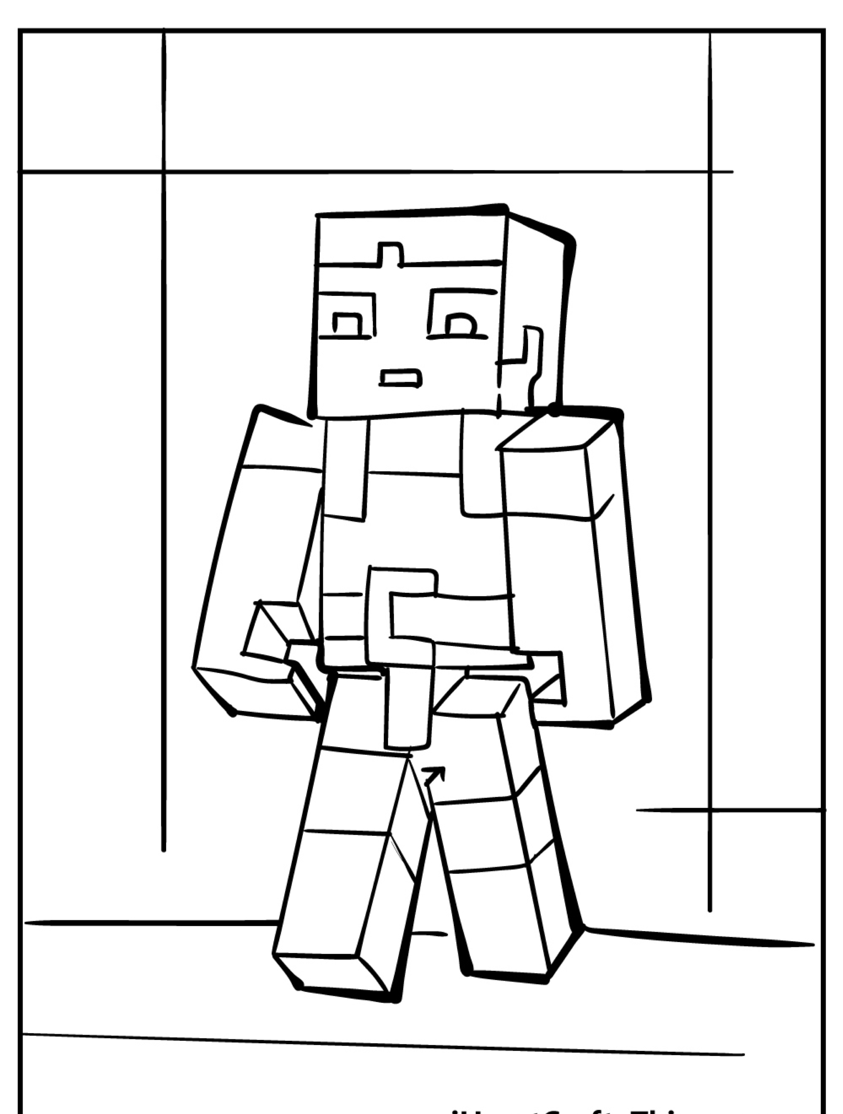 Um personagem quadrado do Minecraft está segurando uma picareta, pronto para mineração ou aventura. Esta cena captura a essência do desenho do Minecraft, perfeito para quem busca Desenho Minecraft para Colorir. Para Colorir.