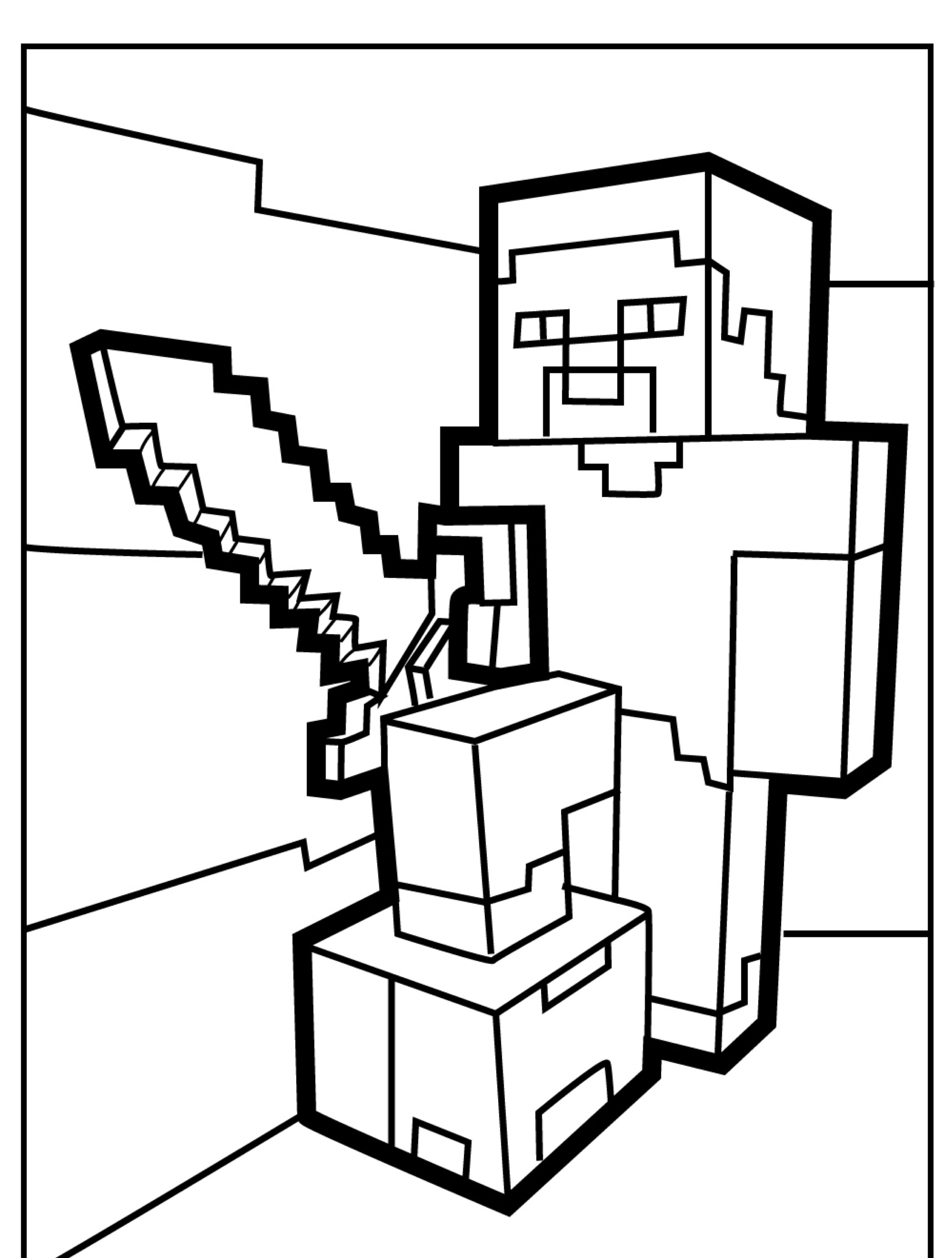 Uma figura pixelada do Minecraft segurando uma espada está pronta, com um baú de tesouro em primeiro plano implorando para ser aberto. A cena Desenho do Minecraft ganha vida, convidando os fãs a colorir e adicionar seu próprio toque criativo. Para Colorir.