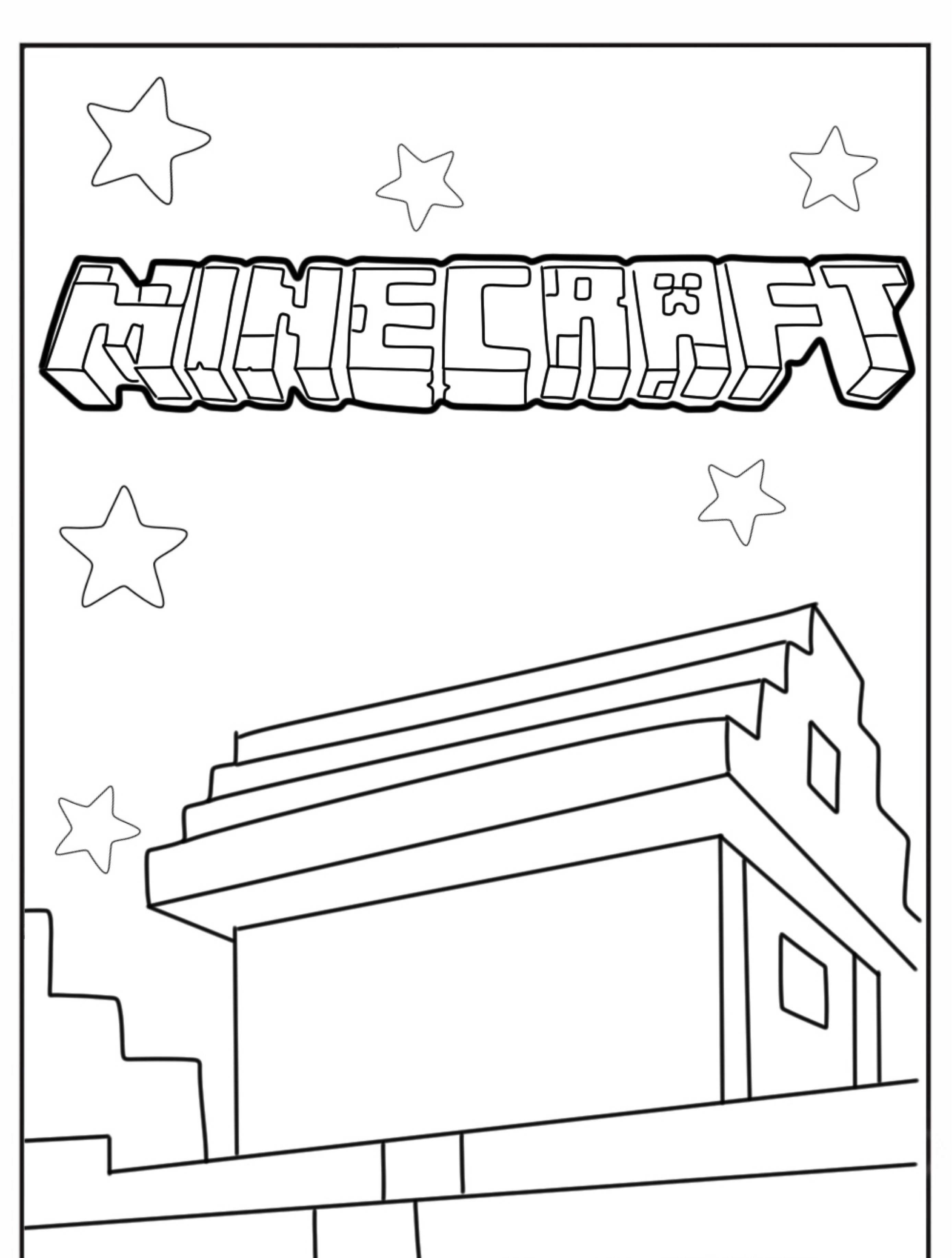 Desenho do Minecraft com tema de estrelas e construção. Uma página incrível para colorir e dar vida ao mundo dos blocos. Para Colorir.