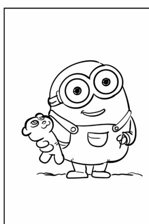 Um Minion segurando um ursinho de pelúcia e sorrindo, usando óculos e macacão. O desenho em preto e branco é perfeito para colorir. Para colorir.