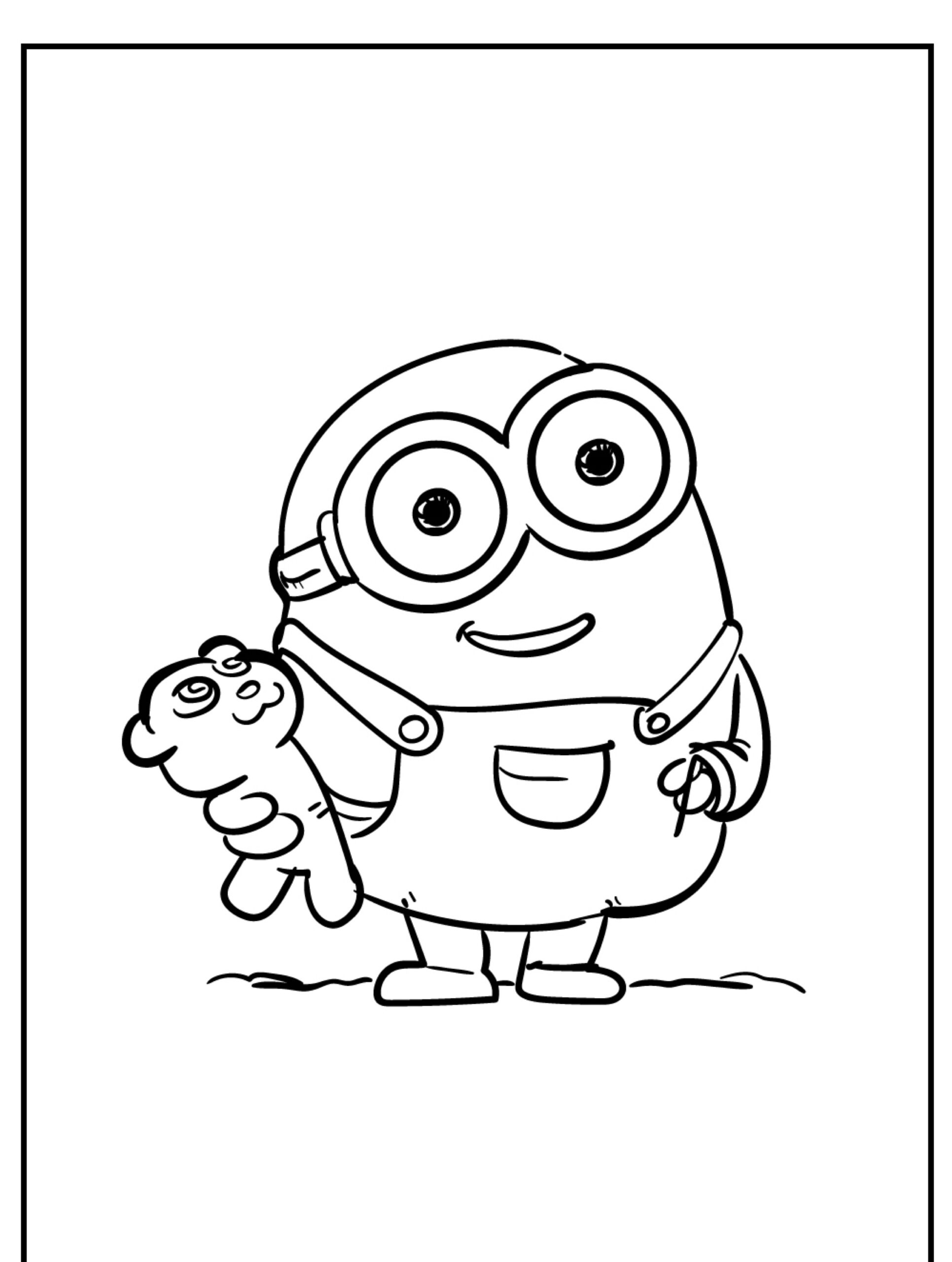 Um Minion segurando um ursinho de pelúcia e sorrindo, usando óculos e macacão. O desenho em preto e branco é perfeito para colorir. Para colorir.