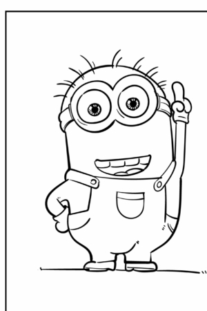 Um personagem de desenho animado dos Minions levantando um dedo e sorrindo, em pé na frente de um fundo simples, perfeito para você colorir. Para colorir.