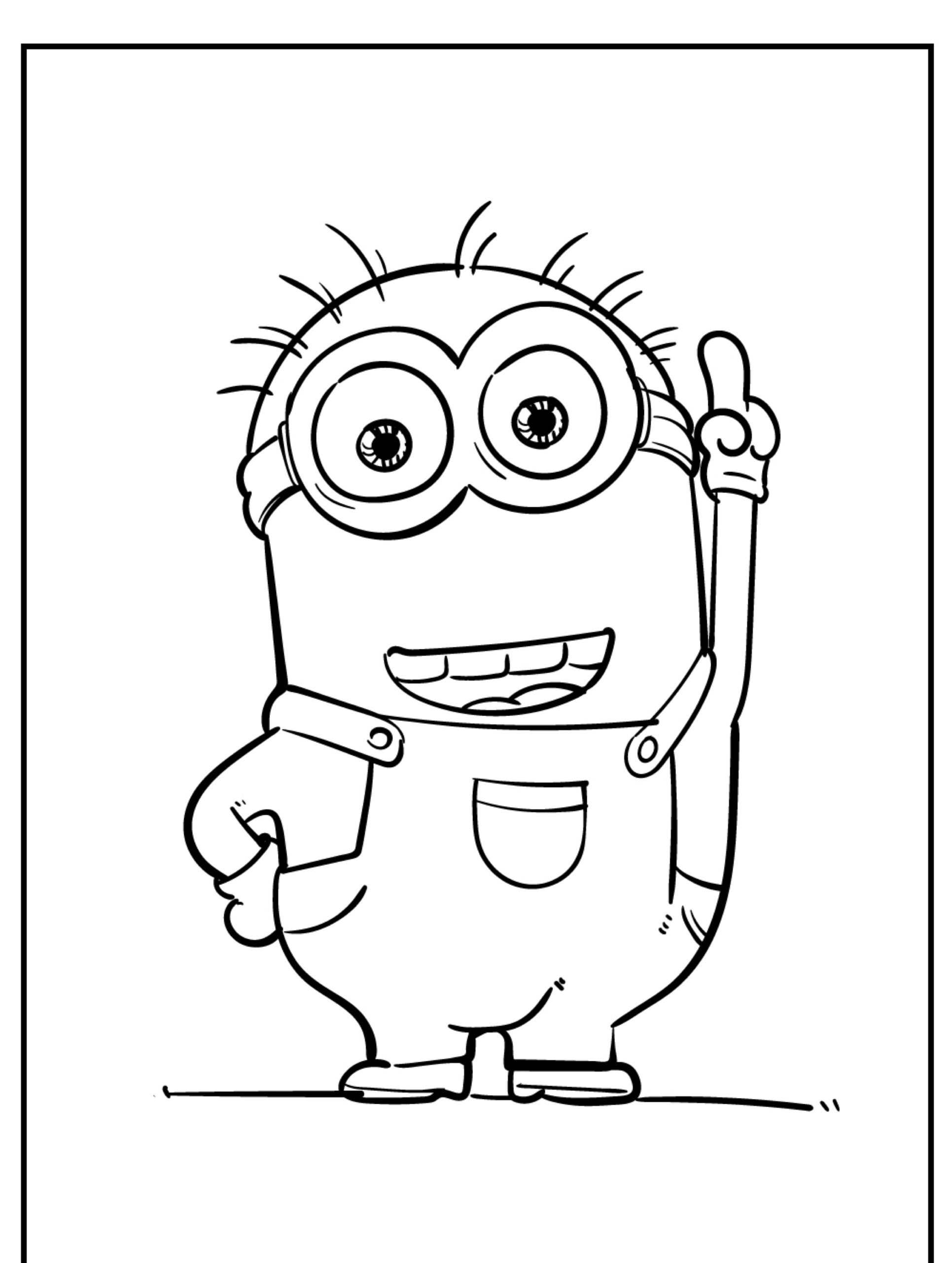 Um personagem de desenho animado dos Minions levantando um dedo e sorrindo, em pé na frente de um fundo simples, perfeito para você colorir. Para colorir.