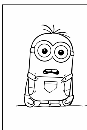 Um Minion surpreso com óculos redondos e macacão está com a boca ligeiramente aberta, olhando para frente, perfeito para qualquer desenho para colorir dos Minions. Para colorir.