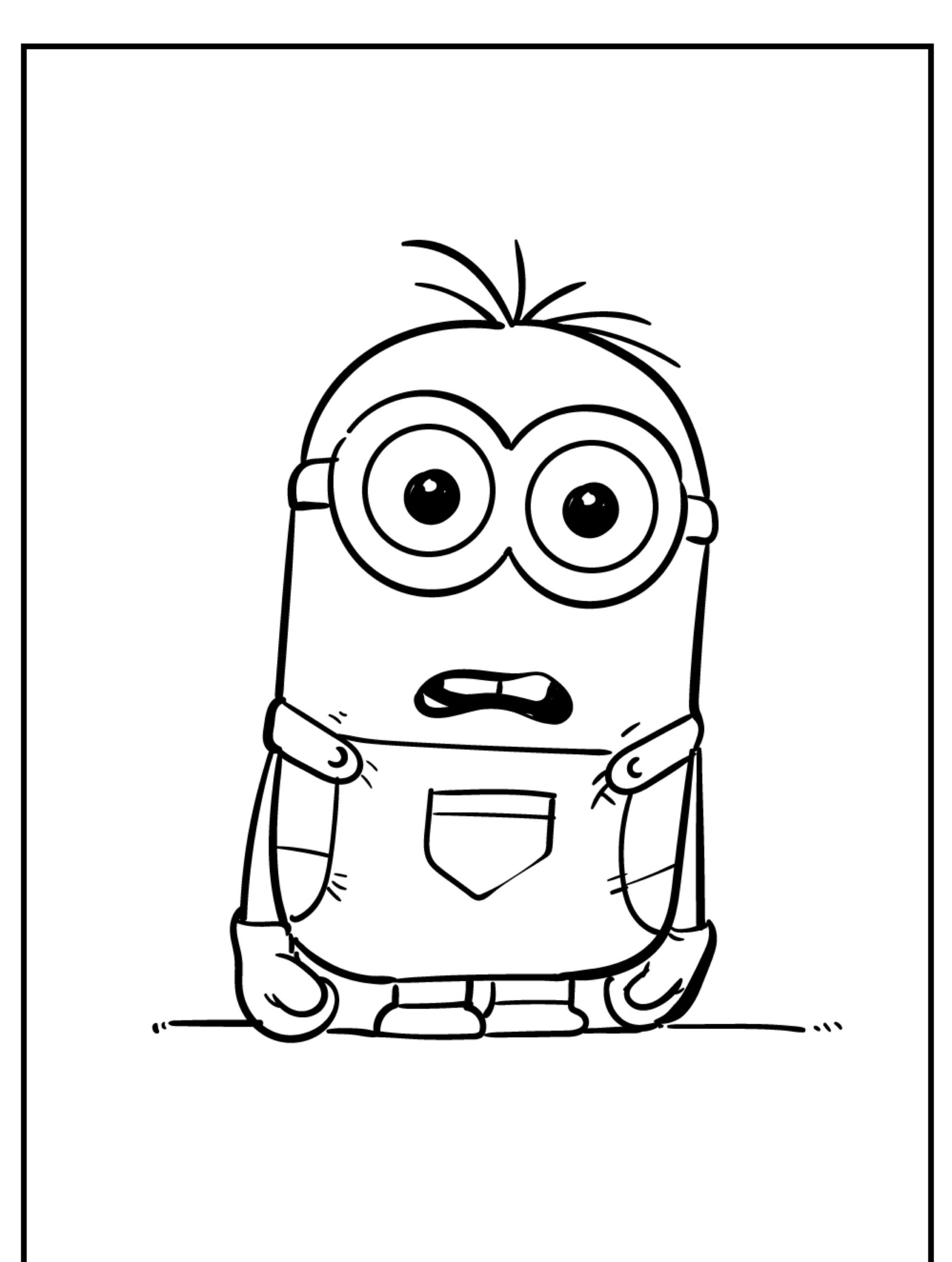 Um Minion surpreso com óculos redondos e macacão está com a boca ligeiramente aberta, olhando para frente, perfeito para qualquer desenho para colorir dos Minions. Para colorir.