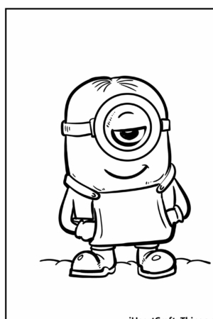 Um Minion de um olho só com um sorriso malicioso, vestindo macacão e sapatos, está em pé contra um fundo simples neste desenho em preto e branco. Para colorir.