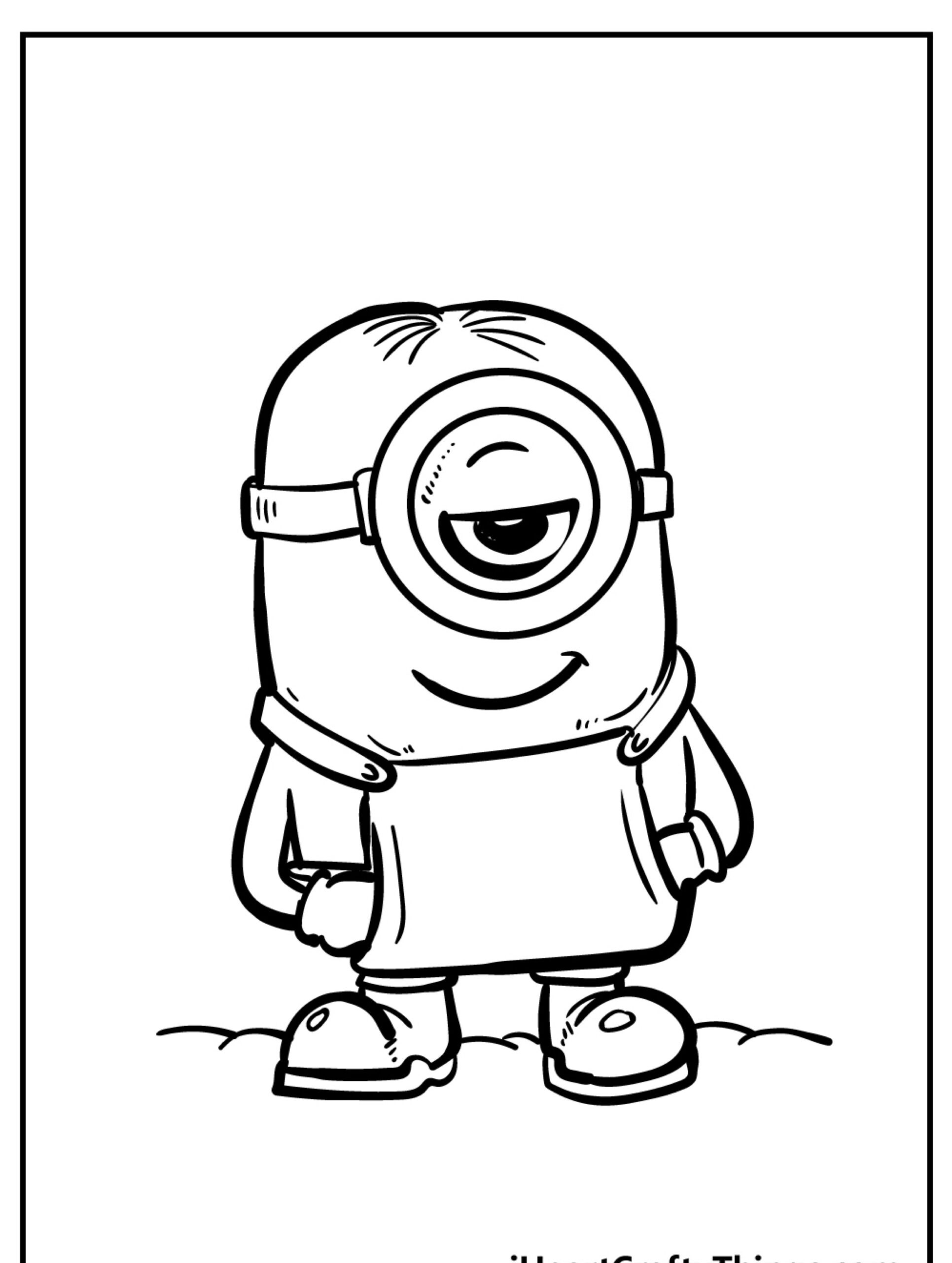 Um Minion de um olho só com um sorriso malicioso, vestindo macacão e sapatos, está em pé contra um fundo simples neste desenho em preto e branco. Para colorir.