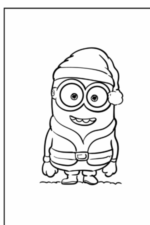 Um Minion vestido com uma roupa de Papai Noel, com direito a chapéu, retratado em um festivo Desenho de Colorir. Para colorir.