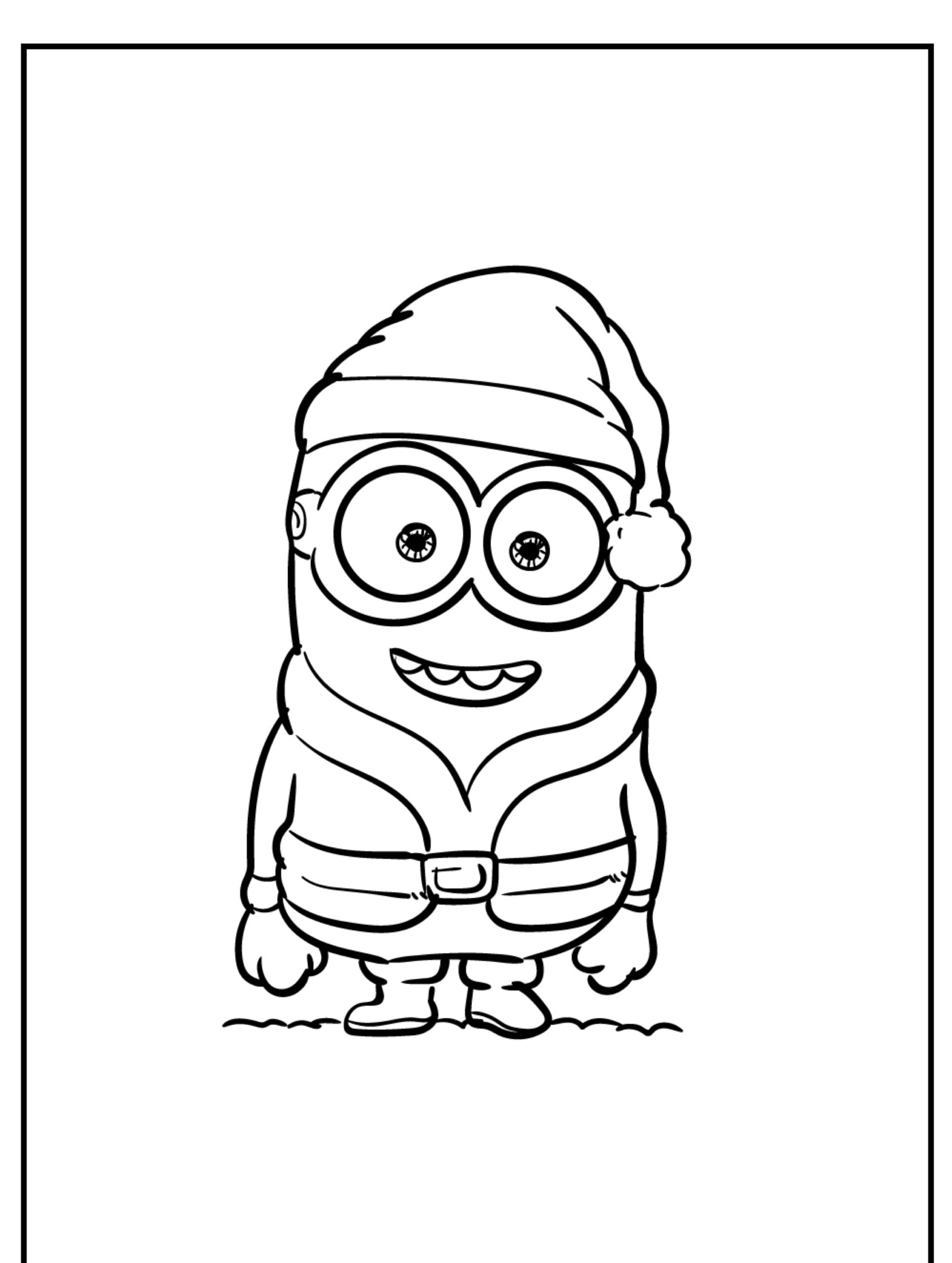 Um Minion vestido com uma roupa de Papai Noel, com direito a chapéu, retratado em um festivo Desenho de Colorir. Para colorir.