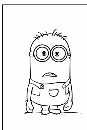 Desenho em preto e branco de um personagem Minion surpreso usando macacão e óculos de proteção, pronto para colorir. Para colorir.